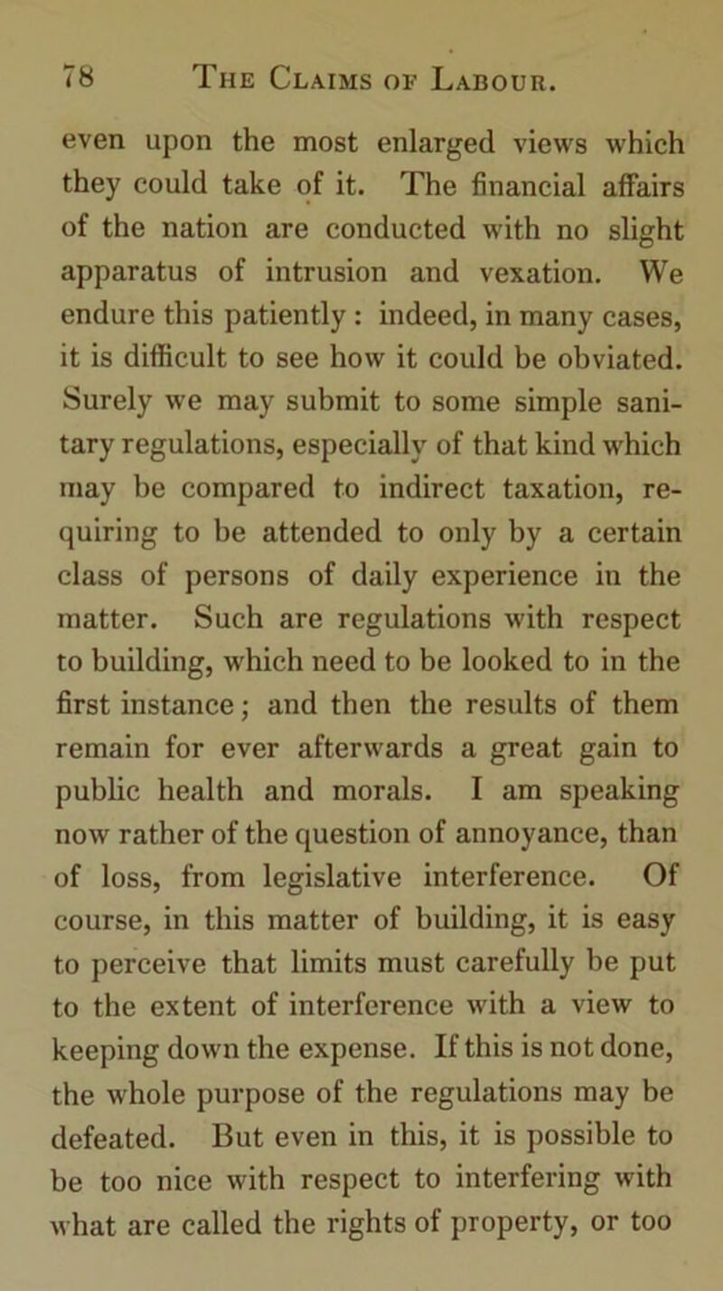 even upon the most enlarged views which they could take of it. The financial affairs of the nation are conducted with no slight apparatus of intrusion and vexation. We endure this patiently: indeed, in many cases, it is difficult to see how it could be obviated. Surely we may submit to some simple sani- tary regulations, especially of that kind which may be compared to indirect taxation, re- quiring to be attended to only by a certain class of persons of daily experience in the matter. Such are regulations with respect to building, which need to be looked to in the first instance; and then the results of them remain for ever afterwards a great gain to public health and morals. I am speaking now rather of the question of annoyance, than of loss, from legislative interference. Of course, in this matter of building, it is easy to perceive that limits must carefully be put to the extent of interference with a view to keeping down the expense. If this is not done, the whole purpose of the regulations may be defeated. But even in this, it is possible to be too nice with respect to interfering with what are called the rights of property, or too