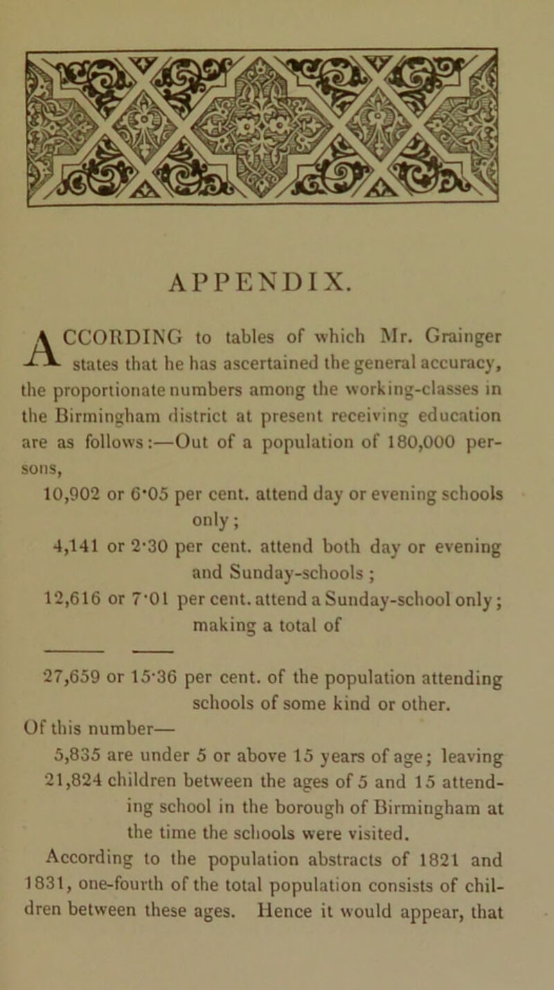 ACCORDING to tables of which Mr. Grainger states that he has ascertained the general accuracy, the proportionate numbers among the working-classes in the Birmingham district at present receiving education are as follows:—Out of a population of 180,000 per- sons, 10,902 or 6’05 per cent, attend day or evening schools only; 4,141 or 2-30 per cent, attend both day or evening and Sunday-schools ; 12,616 or 7'01 per cent, attend a Sunday-school only; making a total of 27,659 or 15-36 per cent, of the population attending schools of some kind or other. Of this number— 5,835 are under 5 or above 15 years of age; leaving 21,824 children between the ages of 5 and 15 attend- ing school in the borough of Birmingham at the time the schools were visited. According to the population abstracts of 1821 and 1831, one-fourth of the total population consists of chil- dren between these ages. Hence it would appear, that