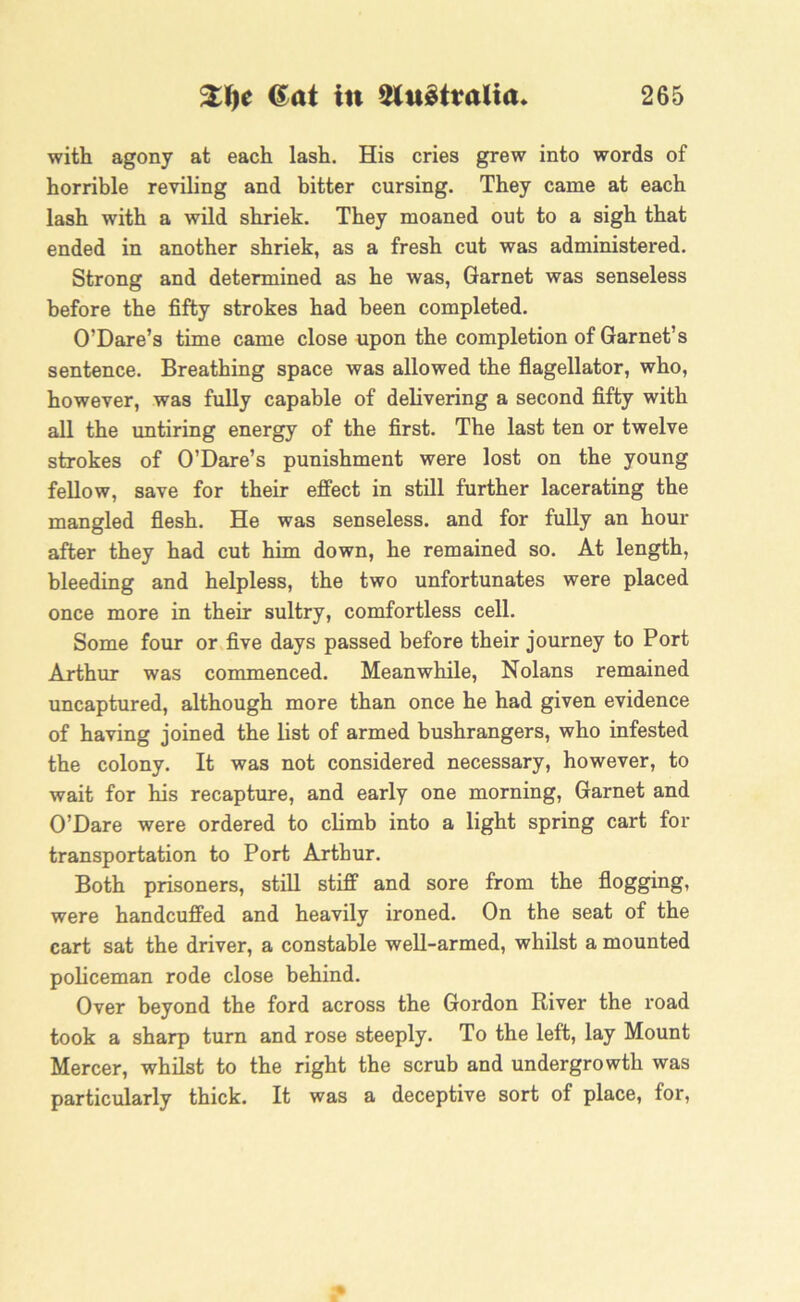 with agony at each lash. His cries grew into words of horrible reviling and bitter cursing. They came at each lash with a wild shriek. They moaned out to a sigh that ended in another shriek, as a fresh cut was administered. Strong and determined as he was, Garnet was senseless before the fifty strokes had been completed. O’Dare’s time came close upon the completion of Garnet’s sentence. Breathing space was allowed the flagellator, who, however, was fully capable of delivering a second fifty with all the untiring energy of the first. The last ten or twelve strokes of O’Dare’s punishment were lost on the young fellow, save for their effect in still further lacerating the mangled flesh. He was senseless, and for fully an hour after they had cut him down, he remained so. At length, bleeding and helpless, the two unfortunates were placed once more in their sultry, comfortless cell. Some four or five days passed before their journey to Port Arthur was commenced. Meanwhile, Nolans remained uncaptured, although more than once he had given evidence of having joined the list of armed bushrangers, who infested the colony. It was not considered necessary, however, to wait for his recapture, and early one morning, Garnet and O’Dare were ordered to climb into a light spring cart for transportation to Port Arthur. Both prisoners, still stiff and sore from the flogging, were handcuffed and heavily ironed. On the seat of the cart sat the driver, a constable well-armed, whilst a mounted policeman rode close behind. Over beyond the ford across the Gordon River the road took a sharp turn and rose steeply. To the left, lay Mount Mercer, whilst to the right the scrub and undergrowth was particularly thick. It was a deceptive sort of place, for,