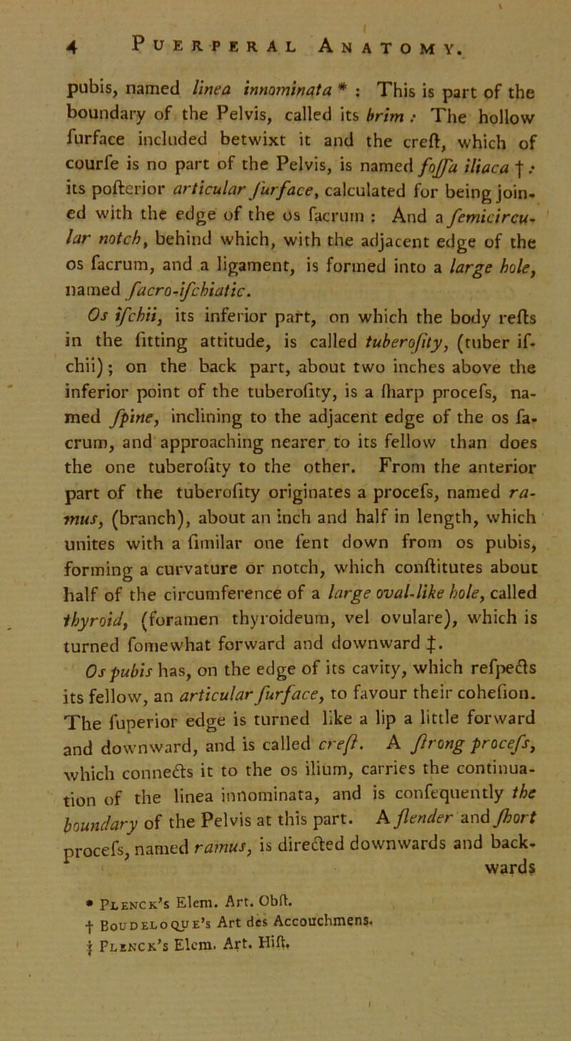 pubis, named linea innominata * : This is part of the boundary of the Pelvis, called its brim .• The hollow furface included betwixt it and the creft, which of courfe is no part of the Pelvis, is named fojfa iliaca f .• its pofterior articular J'urface, calculated for being join, ed with the edge of the os facrum : And a femicircu- lar notch, behind which, with the adjacent edge of the os facrum, and a ligament, is formed into a large hole, named facro-ifchiatic. Os ifchii, its inferior part, on which the body refts in the fitting attitude, is called tuberofity, (tuber if- chii) ; on the back part, about two inches above the inferior point of the tuberofity, is a (harp procefs, na- med fpine, inclining to the adjacent edge of the os fa- crum, and approaching nearer to its fellow than does the one tuberofity to the other. From the anterior part of the tuberofity originates a procefs, named ra- mus, (branch), about an inch and half in length, which unites with a (imilar one lent down from os pubis, forming a curvature or notch, which conftitutes about half of the circumference of a large oval-like hole, called thyroid, (foramen thyroideum, vel ovulare), which is turned fomewhat forward and downward f. Os pubis has, on the edge of its cavity, which refpe&s its fellow, an articular furface, to favour their cohefion. The fuperior edge is turned like a lip a little forward and downward, and is called crefl. A frong procefs, which conne&s it to the os ilium, carries the continua- tion of the linea innominata, and is confequently the boundary of the Pelvis at this part. A fender zndfhort procefs, named ramus, is directed downwards and back. wards • Plenck’s Elem. Art. Obft. | Eoudeloque’s Art des Accouchmens. j Plenck’s Elcm. Art. Hift.