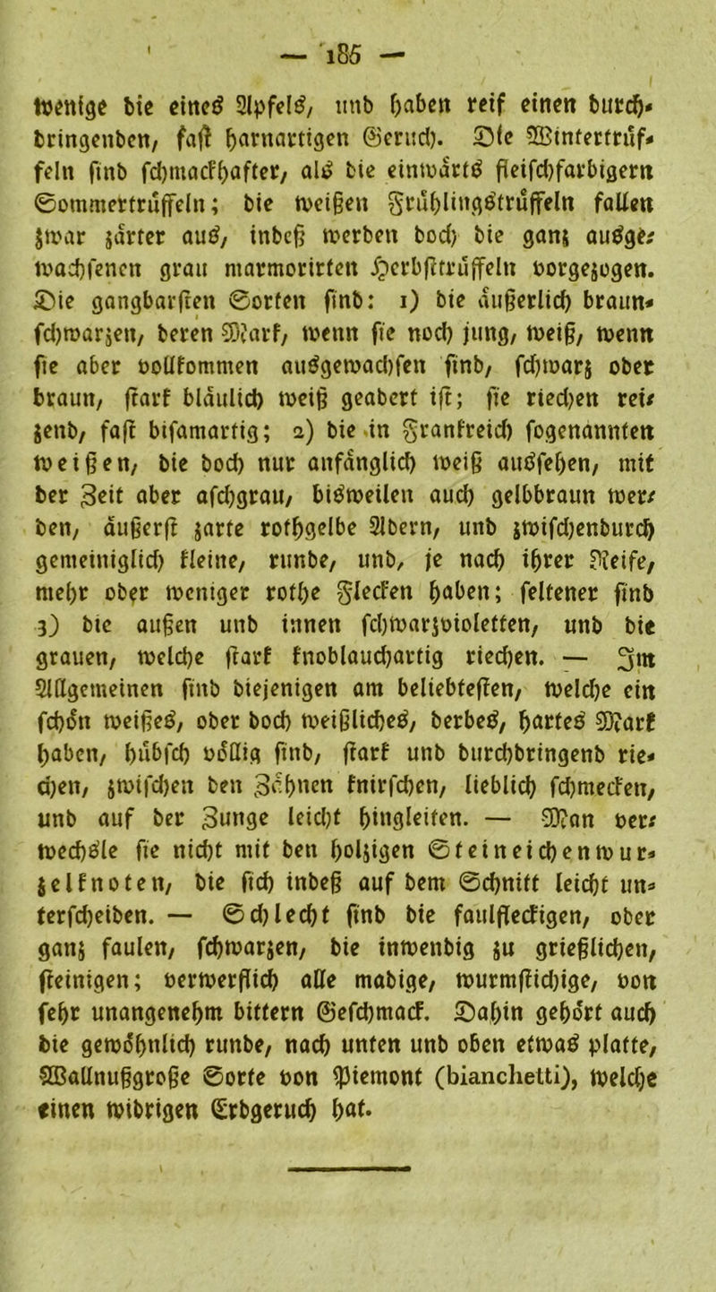 Wenige bie cincö 2lpfel£, imb f>abctt reif einen burd)* bringenben, faß fjurnartigen @erud). ©le SBtntertruf* fein finb fdjmacfhafter, alt? fcie einwärts ßeifd)farbigern ©ommertruffeln; bie Weißen gruhlingötruffeln falle« $war garter au£, inbeß »erben bod) bie gang autfge/ waebfenen grau marmorirtett fpcrbßtruffeln borgegogen. ©ie gangbarßen ©orten finb: i) bie äußerlich braun* fdjwargen, beren 0ö?arf/ wenn fie nod) jung, Weiß, wenn fie aber bollfommen au$gewad)fen finb, fdjwarg ober braun, ftarf bläulich weiß geabert iß; fie ried)en reiz genb, faß bifamarfig; a) bie in granfreid) fogenannten Weißen, bie bod) nur anfänglich weiß autffeljen, mit ber 3eit aber afd)grau, bisweilen aud) gelbbraun wer/ ben, äußerß garte rofßgelbe 2lbern, unb gwifdjenburcb gemeiniglich Heine, runbe, unb, je nach ihrer ?ieife, mehr ober weniger rotlje Rieden ^>aben; felfener finb 3) bie außen unb innen fchwargbioletten, unb bie grauen, welche ßarf fnoblaudjartig riechen. — 3*« Slßgemeinen finb biejenigen am beliebteßen, Weldje ein fchöti weißet, ober bod) weißliche^, berbetf, harteö 20?arf haben, hubfeß bdllig finb, ßart unb btirchbringenb rie* d)en, gwifd)en ben ^hnen fnirfchen, lieblich feßmetfen, unb auf ber Sunge leidjt f>iitglcitcn. — 9D?an ber/ wechsle fie nicht mit ben holzigen ©teineichenwur* jelfnoten, bie fid) inbeß auf bent ©cßnitt leicht un» terfd)eiben. — ©d)led)t finb bie faulßecfigen, ober gang faulen, feßwarjen, bie inwenbig gu grießlichen, fteinigen; berwerßieß alle mabige, wurmßidßge, bon fehr unangenehm bittern ©efeßmaef. ©aßin gehört auch bie gewöhnlich runbe, nach unten unb oben etwaö platte, SBallnußgroße ©orte bon Piemont (bianchetti), welche einen wibrigen (Srbgeruch f>at.