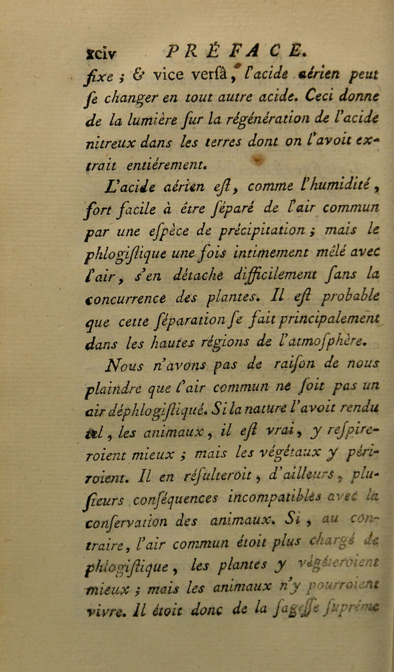 *civ PRÉFACE, fixe; & vice verfâ, F acide aérien peut fie changer en tout autre acide. Ceci donne de la lumière fiur la régénération de F acide nitreux dans les terres dont on L avoit ex- trait entièrement. IF acide aérien efl y comme l humidité , fort facile à être fiéparé de F air commun par une efipèce de précipitation ; mais le phlogifiique une fois intimement mêlé avec F air 9 s3 en détache difficilement fians la concurrence des plantes. Il efl probable que cette fiéparation fie fait principalement dans les hautes régions de Fatmofiphère. Nous n avons pas de raifion de nous plaindre que Cair commun ne Joit pas un air déphlogifiliquè. Si la nature F avoit rendu td , les animaux, il efl vrai y y refipire- roient mieux ; mais les végétaux y péri- raient. Il en réfiulteroit y d'ailleurs y plu- fleurs confiéquences incompatibles avec la confiervatton des animaux. Si y au con- traire, F air commun étoit plus chargé de phlogifiique y les plantes y végéteraient mieux ; mais les animaux n y pourraient vivre. Il étoit donc de la fagffie fuprémc