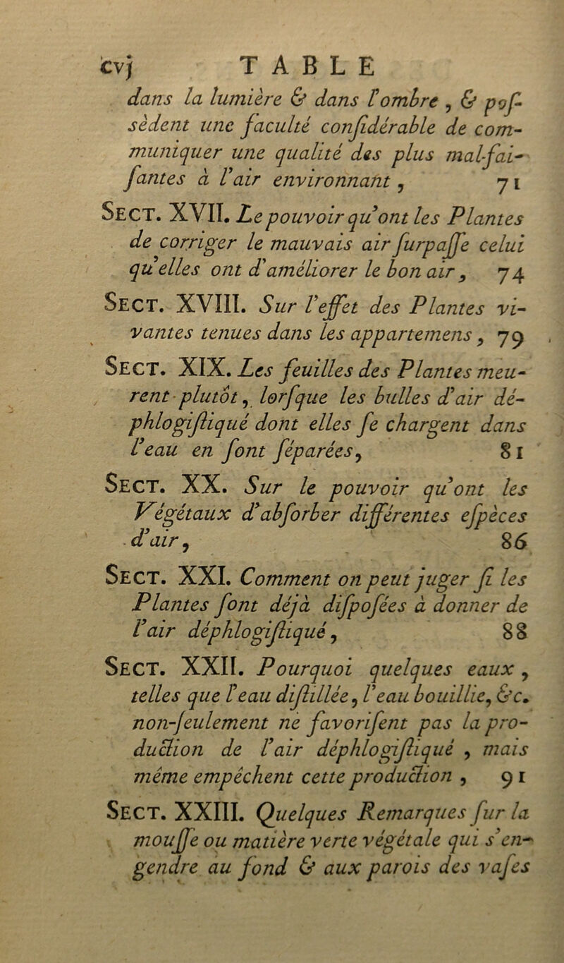 dans la lumière & dans F ombre , & pos- sèdent une faculté confidérable de com- muniquer une qualité des plus malfai- fautes cl F air environnant, 71 Sect. XVII. Z epouvoir qu ont les Plantes de corriger le mauvais air furpafje celui qu elles ont d'améliorer le bon air , 74 Sect. XVIII. Sur l'effet des Plantes vi- vantes tenues dans les appartemens, 79 Sect. XIX. Les feuilles des Plantes meu- rent plutôt, lorfque les bulles d’air dé- phlogifliqué dont elles fe chargent dans l3eau en font féparées, § I Sect. XX. Sur le pouvoir quont les Végétaux ddbforber différentes efpèces • d’air, 86 Sect. XXI. Comment on peut juger fi les Plantes font déjà difpofées à donner de V air dé phlogifliqué, 88 SECT. XXII. Pourquoi quelques eaux, telles que F eau difhllée, l’eau bouillie, &c. noîi-Jeulement ne favorifent pas la pro- duction de F air déphlogifliqué , mais même empêchent cette production , 9 1 Sect. XXIII. Q uelques Remarques fur la mouffe ou tnatière verte végétale qui s’en- gendre au fond & aux parois des vafes
