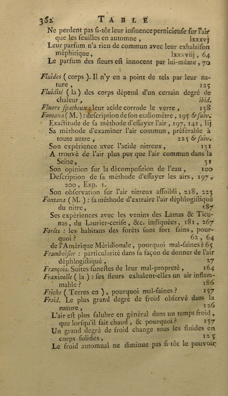 Ne perdent pas fi-tôtleur influence pernîcieufe furl’aïr que les feuilles en automne , lxxxvj Leur parfum n’a rien de commun avec leur exhalaifon méphitique, Ixxxviij, 64 Le parfum des fleurs efl innocent par lui-même, 7Q 1 Fluides ( corps ). Il n’y en a point de tels par leur na- ture , 123 Fluidité ( la ) des corps dépend d’un certain degré de chaleur, ibid. Fluors fp atheux : leur acide corrode le verre, 138 Fontana( M. ) rdefcriptiondefon eudiomètre , 195 &fuivm Exaftitude de fa méthode d’effayer l’air , 197, 141 , lij Sa méthode d’examiner l’air commun, préférable à toute autre , 225 & fuiv. Son expérience avec l’acide nitreux, 131 A trouvé de l’air plus puv que l’air commun dans la Seine, 31 Son opinion fur la décompofition de l’eau , 100 Defcription de fa méthode d’effayer les airs, 197, 200 , Exp. 1. Son obfervation fur l’air nitreux affaibli, 218, 223 Fontana (M. ) : fa méthode d’extraire l’air déphlogifliqué du nitre, *87 Ses expériences avec les venins des Lamas & Ticu- nas, du Laurier-cerife , &c. indiquées, 181, 267 Forêts : les- habitans des forêts font fort fains, pour- quoi ? 62 , 64 de l’Amérique Méridionale, pourquoi mal-faines ? 65 Framboifier : particularité dans fa façon de donner de l’air déphlogifliqué, a7 François. Suites funefles de leur mal-propreté , 164 Fraxindle ( la ) : fes fleurs exhalent-elles un air inflam- mable ? _ *^6 Friche ( Terres en ) , pourquoi mal-faines ? 157 Froid. Le plus grand degré de froid obfervé dans la nature 1 L’air efl plus falubre en général dans un temps froid , que lorfqu’il fait chaud , & pourquoi ? 157 Un grand degré de froid change tous les fluides en corps folides, . I2,.S Le froid automnal ne diminue pas n-tot le pouvoir;