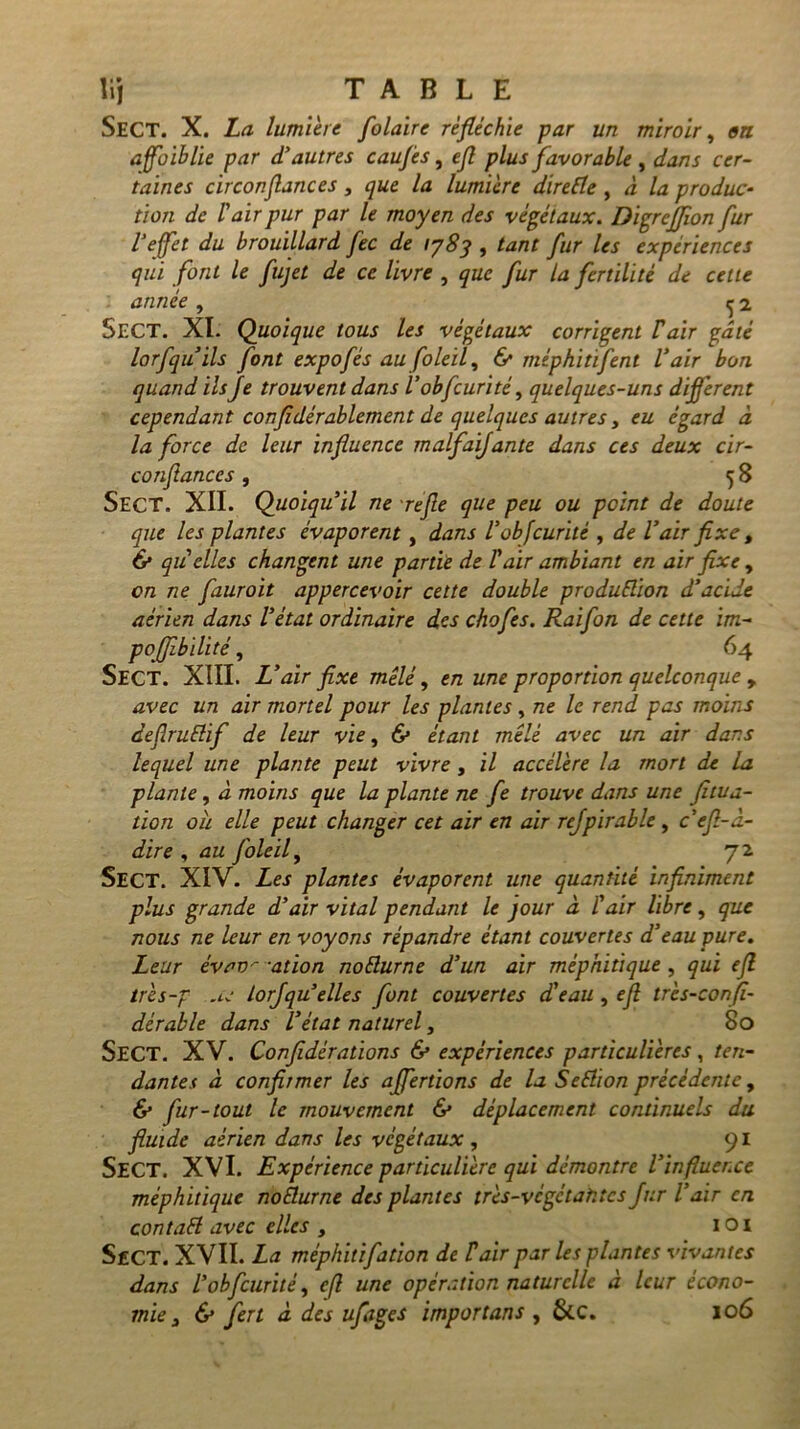 Sect. X. La lumière folaire réfléchie par un miroir, on affaiblie par d’autres caufes, efl plus favorable , dans cer- taines circonflanc es , que la lumière direFle , à la produc- tion de l'air pur par le moyen des végétaux. Di greffon fur l’effet du brouillard fec de 1783 , tant fur les expériences qui font le fujet de ce livre , que fur la fertilité de cette 1 année , ^2. SECT. XI. Quoique tous les végétaux corrigent F air gâté larfqu ils font expofés au folei f & mtphitifent l’air bon quand ils Je trouvent dans l’obfcurité, quelques-uns different cependant confidérablement de quelques autres, eu égard à la force de leur influence malfaijante dans ces deux cir- conflanccs , 5 8 Sect. XII. Quoiqu’il ne refie que peu ou peint de doute que les plantes évaporent , dans l’obfcurité , de Vair fixe , & quelles changent une partie de F air ambiant en air fixe, on ne fauroit appercevoir celte double production d’acide aérien dans l’état ordinaire des chofes. Raifon de cette im- poffibilité, 64 SECT. XIII. L’air fixe mêlé, en une proportion quelconque , avec un air mortel pour les plantes , ne le rend pas moins de fl ru fl if de leur vie, & étant mêlé avec un air dans lequel une plante peut vivre , il accélère la mort de la plante, à moins que la plante ne fe trouve dans une fltua- tion oh elle peut changer cet air en air refpirable , c’efl-à- dire , au foleil, 72. SECT. XIV. Les plantes évaporent une quantité infiniment plus grande d’air vital pendant le jour à l’air libre, que nous ne leur en voyons répandre étant couvertes d’eau pure. Leur èvc'V'- ation noFlurne d’un air méphitique , qui efl très-f .u- lorfqu elles font couvertes d’eau , efl très-confi- dérable dans l’état naturel, 80 SECT. XV. Confédérations & expériences particulières, ten- dantes à confirmer les affertions de la Seêhon précédente, & fur-tout le mouvement & déplacement continuels du fluide aérien dans les végétaux , 91 SECT. XVI. Expérience particulière qui démontre l’influence méphitique noSlurne des plantes très-végétahtes fur l’air en contaêl avec elles , 1 o 1 Sf CT. XVII. La méphitifation de F air par les plantes vivantes dans l’obfcurité, efl une opération naturelle à leur écono- mie j & fert à des ufages importuns , &c. 106