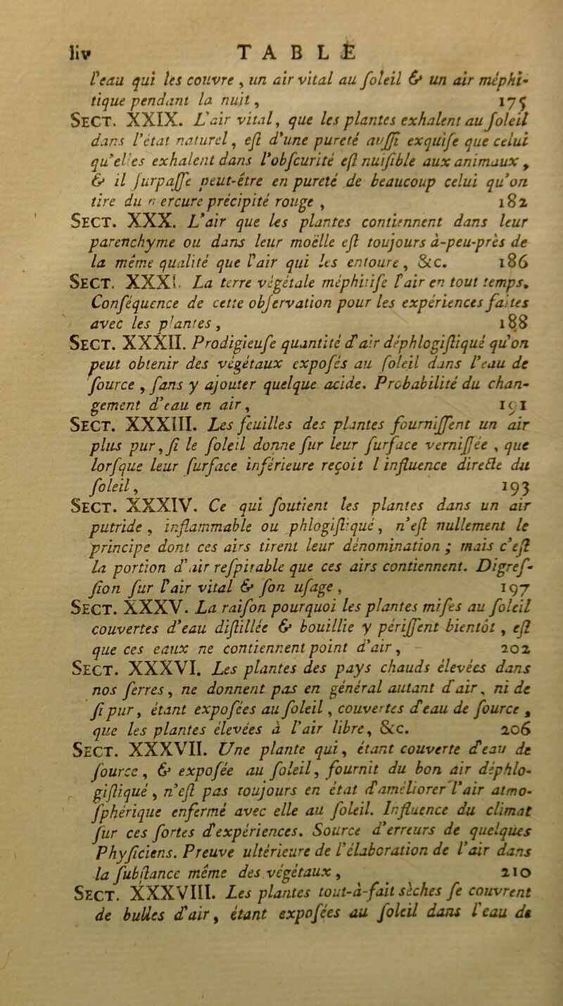 l'eau qui les couvre , un air vital au foleil & un air méphi- tique pendant la nuit, 17q SeCT. XXIX. L'air vital, que les plantes exhalent au foleil dans l’état naturel, efl d’une pureté aufji exquife que celui quelles exhalent dans l’obfcurité e(l nuiflble aux animaux 9 & il furpajjc peut-être en pureté de beaucoup celui quon tire du n ercurc précipité rouge , 182 SECT. XXX. L’air que Us plantes contiennent dans leur parenchyme ou dans leur moelle efl toujours à-peu-près de la même qualité que l'air qui Us entoure, &c. 186 SeCT. XXX La terre végétale méphhife Pair en tout temps. Conféqucnce de cette objervation pour les expériences fai tes avec les p!antes , i§8 SeCT. XXXII. Prodigieufe quantité <£ air déphlogifliqué qu'on, peut obtenir des végétaux expofés au foleil dans l’eau de fource , fans y ajouter quelque acide. Probabilité du chan- gement d’eau en air, ic i SECT. XXXIII. Les feuilles des plantes fourniffent un air plus pur, fi le foleil donne fur leur furface vernijfée , que lorfque leur furface inférieure reçoit l influence direêle du foleil, 193 SECT. XXXIV. Ce qui foutienl les plantes dans un air putride , inflammable ou phlogiflquc, n’ejl nullement le principe dont ces airs tirent leur dénomination ; mais c’efl la portion d’air refpirable que ces airs contiennent. Digref • fion fur Pair vital & fon ufage , 197 SECT. XXXV. La raifon pourquoi les plantes mifes au foleil couvertes d’eau diflillée & bouillie y périffent bientôt, efl que ces eattx ne contiennent point d'air, 202 SECT. XXXVI. Les plantes des pays chauds élevées dans nos ferres, ne donnent pas en général autant déair, ni de fi pur, étant expo fées au foleil, couvertes dé eau de fource t que les plantes élevées à l’air libre, &c. 2.06 SECT. XXXVII. Une plante qui, étant couverte (Peau de fource, & expofée au foleil, fournit du bon air déphlo- gifliqué, n’cfl pas toujours en état (Paméliorer l’air atmo- sphérique enfermé avec elle au foleil. Influence du climat fur ces fortes dé expériences. Source d’erreurs de quelques Phyflciens. Preuve ultérieure de P élaboration de l’air dans la fub(lance même des végétaux, 210 SECT. XXXVIII. Les plantes tout-à-fait sèches fe couvrent de bulles d'air, étant expofées au foleil dans l'eau de.