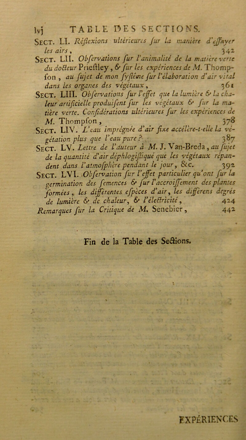 SeCT. El. Reflexions ultérieures Jur la manière d'tffayer les airs y 342 SeCT. LII. Obfervations fur l'animalité de la matière verte du dotteur Prieftley, b fur les expériences de M. Thomp- fon , au fujet de mon fyflêuie fur l'élaboration d'air vital dans les organes des végétaux , 361 SECT. LIIE Obfervations fur l'effet que la lumière & la cha- leur artificielle produifent fur les végétaux 6* fur la ma- tière verte. Confldérations ultérieures fur les expériences de M. Thompfon, , 378 Sect. LIV. L ’eau imprégnée d'air fixe accélère-t-elle la vé- gétation plus que l'eau pure? ■ 387 Sect. LV. Lettre de l'auteur à M. J. Van-Breda , au fujet de la quantité d'air déphlogifliqué que les végétaux répan- dent dans l'aîrnofphère pendant le jour, Sic. 392 Sect. LVE .Obfervation fur l'effet particulier quont fur la vermination des femences & fur Vaccroiffement des plantes formées y les différentes efpèces d'air, les differens degrés de lumière & de chaleur, & VéleElricité, 424 Remarques fur la Critique de M. Senebier, 442 Fin de la Table des Seâions. EXPÉRIENCES