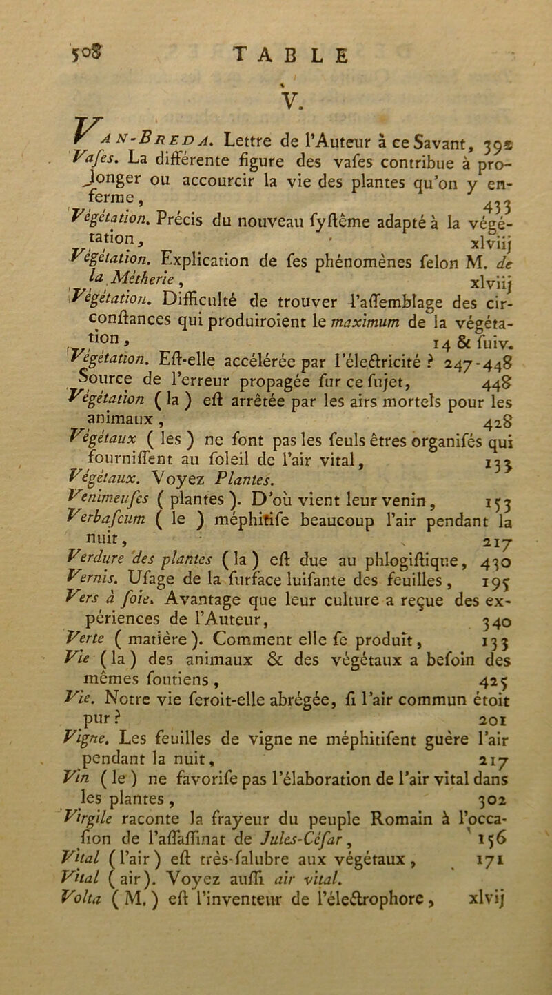 y. T^a n-Breda. Lettre de l’Auteur à ce Savant, 39* Vafes. La différente figure des vafes contribue à pro- Jonger ou accourcir la vie des plantes qu’on y en- ferme, ^ Végétation. Précis du nouveau fyftême adapté à la végé- 7/^°n, . • xlviij Végétation. Explication de fes phénomènes félon M. de laMètherie, xlviij Végétation. Difficulté de trouver 4’affemblage des cir- conftances qui produiroient le maximum de ia végéta- rs**?n * 14 & fuiv. Végétation. Efl-elle accélérée par l’éle&ricité ? 247-448 Source de l’erreur propagée furcefujet, 448 Végétation ( la ) eff arrêtée par les airs mortels pour les animaux, 428 Végétaux ( les ) ne font pas les feuls êtres organifés qui fourniffent au foleil de l’air vital, 13^ Végétaux. Voyez Plantes. Venimeufcs ( plantes ). D’où vient leur venin , 153 Verbafcum ( le ) méphitife beaucoup l’air pendant la nuit, \ 217 Verdure des plantes (la) eff due au phlogiffique, 430 Vernis. Ufage de la furface luifante des feuilles, 19^ Vers à foie. Avantage que leur culture a reçue des ex- périences de l’Auteur, 340 Verte ( matière). Comment elle fe produit, 133 Vie (la) des animaux & des végétaux a befoin des mêmes foutiens , 423 Vie. Notre vie feroit-elle abrégée, fi l’air commun étoit pur ? 201 Vigne. Les feuilles de vigne ne méphitifent guère l’air pendant la nuit, 217 Vin (le) ne fa vorife pas l’élaboration de l’air vital dans les plantes, 302 Virgile raconte la frayeur du peuple Romain à l’occa- fion de l’affaffinat de Julcs-Céfar, 156 Vital (Pair) eft très-falubre aux végétaux, 171 Vital (air). Voyez auffi air vital. Volta ( M. ) efl l’inventeur de l’éleélrophore, xlvij