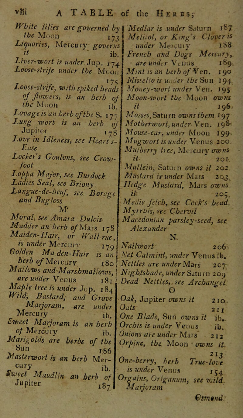 White lilies are governed by the Moon lyj Liquories, Mercury governs ' ib. Liver-wort is under.17^ Loose^sirife under the Mooi Loosestrife, with spiked beads of flowers, is an herb of the M<jon ijj Lovage is an herb of the S, 17 > Lung wort is an herb of Jupi'er p«3 Love in Idleness, see Heart s- Euse J.ocket's Goulons, see Crow- Medlar is under Sdturn 1^7 MeliLot, or King’s Clover is under Meicuiy 188 French and Dogs Mercury, are under YtU'ds 189 Mint is an heib of Yew. 190 Missello is uii'.'ei /i!;«Sun 194 Money-wort under Yen. 195 Moon-xoort the Moon owns it 196. A/oiSfi, Saturn owns them 197 Motherwort, under Yen. 198* Mouse-ear, under Moon 199- Mugwort is under Yenus 200 Mulberry tre^, Meicuiy owwi it 201. foot Lop pa Major, see Burdock Ladies Seal, see Briony Langue-de-heuf see Borage and Bug loss M' Moral, See A'mara Dulcis- Madder an herb o/Mars 178 Maiden-Hair, or Wallrue, is under Mercnry 179 Golden Ma den-Hair is an herb of Mercury 180 Mallows and Marshmallows, are under Yeims 181 Maple tree is under Jiip. 184 Wild, Bastardy and Grove Marjoram, are under Mercury ib. Sweet Marjoram is an herb of Mercury jb. Marigolds are herbs of the -Sun ,36 Masterwort is an herb Mer- ^ ib. Sweet Maudlin an herb of Jupiter ,87 Mullein, Saturn owns it 202. Mustard is-under Mars 203^ Hedge Mustard, Mjis owns it' 209. Medic fetch, see Cock’s head. Myrrois, see Chervil Macedonian parsley-seed, see Alexander N. \ Nailwort 206- I Net Catmint, under Venus ib. I Nettles are under Mars 207 I Nightshade, under Suivxru 209 Dead Nettles, see Archangel. O ■Oak, lafricT owns it 210. Oats 21 j One Blade, Sun owns it ib,. Orchis is under Venus ib. Onions are under Mars 212 Orpine, the Moon ■ owns it. 213 One-berry, herb True-love is under Yenus 154 Orgains, Origanum, see vnld. Marjoram Osmond