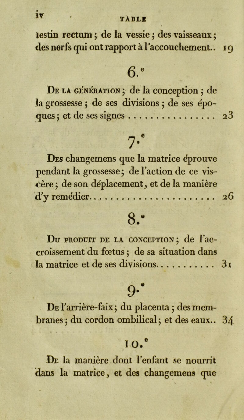 TABLS testin rectum ; de la vessie ; des vaisseaux ; des nerfs qui ont rapport à raccouchement.. 19 6.° De la génération ; de la conception ; de la grossesse ; de ses divisions ; de ses épo- ques 5 et de ses signes 2 3 7-' Des changemens que la matrice éprouvé pendant la grossesse 5 de Faction de ce vis- cère j de son déplacement, et de la manière dy remédier 26 Du PRODUIT DE la CONCEPTION; de Fac- croissement du fœtus ; de sa situation dans la matrice et de ses divisions 3i 9*' De Farrière-faix ; du placenta ; des mem- branes ; du cordon ombilical; et des eaux.. 34 10. e De la manière dont Fenfant se nourrit dans la matrice, et des changemens que