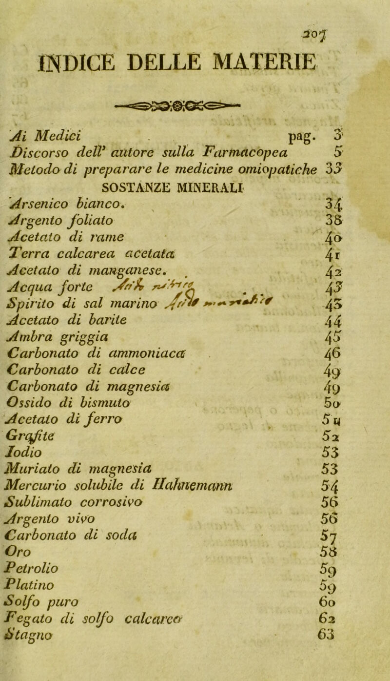 INDICE DELLE MATERIE Ai Medici pag. 3' Discorso delV autore sulla Farmacopea 5 Metodo di preparare le medicine omiopatiche 35 SOSTANZE MINERALI Arsenico bianco. H Argento follato 35 Acetato di rame ^45 Terra calcarea acetata 4r Acetato di manganese. 43 Acqua forte Spirito di sai marino *»’**^*^ '^^ 45 45 Acetato di barite 44 Ambra griggia 45 Carbonato di ammoniaca 46 Carbonato di calce 49 Carbonato di magnesia 4y Ossido di bismuto 5o Acetato di ferro 5« Grcjftc 53 Iodio 53 Muriato di magnesia 53 Mercurio solubile di Hahnemann 54 Sublimato corrosivo 56 Argento vivo 56 Carbonato di soda 57 Oro 55 Petrolio ^9 Platino ^9 Solfo puro 60 Fegato di solfo calcareo 62 Stagno 63