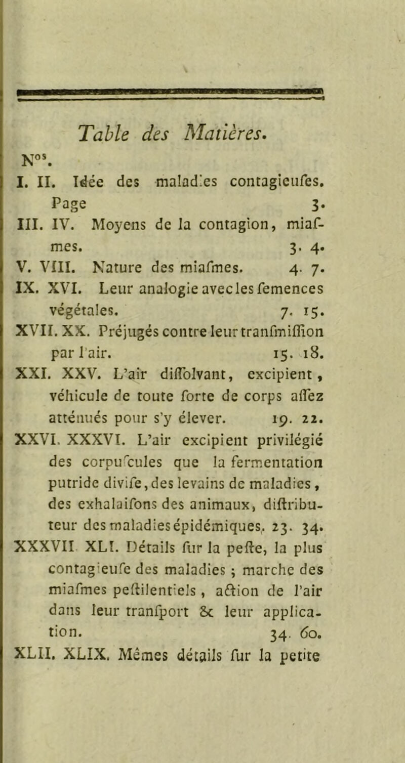 Table des Matières. N'”. I. II. Idée des maladies contagieiifes. Page 3* III. IV. Moyens de la contagion, mlaf- mes. 3. 4. V. VIII. Nature des miarmes. 4. 7. IX. XVI. Leur analogieaveclesfemences végétales. 7. 15. XV^II. XX. Préjugés contre leur tranfmiffion par l’air. 15. 18. XXI. XXV. L’air diflblvant, excipient, véhicule de toute forte de corps aiTez atténués pour s’y élever. 19. 22. XXVI. XXXVI. L’air excipient privilégié des corpulrules que la fermentation putride divife,des levains de maladies, des exhalaifons des animaux, diftribu- teur desmaladiesépidémiques,. 23. 34. XXXVII XLI. Détails fur la pefte, la plus contagieufe des maladies ; marche des miafmes peftilentiels, aftion de l’air dans leur tranfport Sc leur applica- tion. 34. 60. XLII. XLIX. Mêmes détails fur la petite