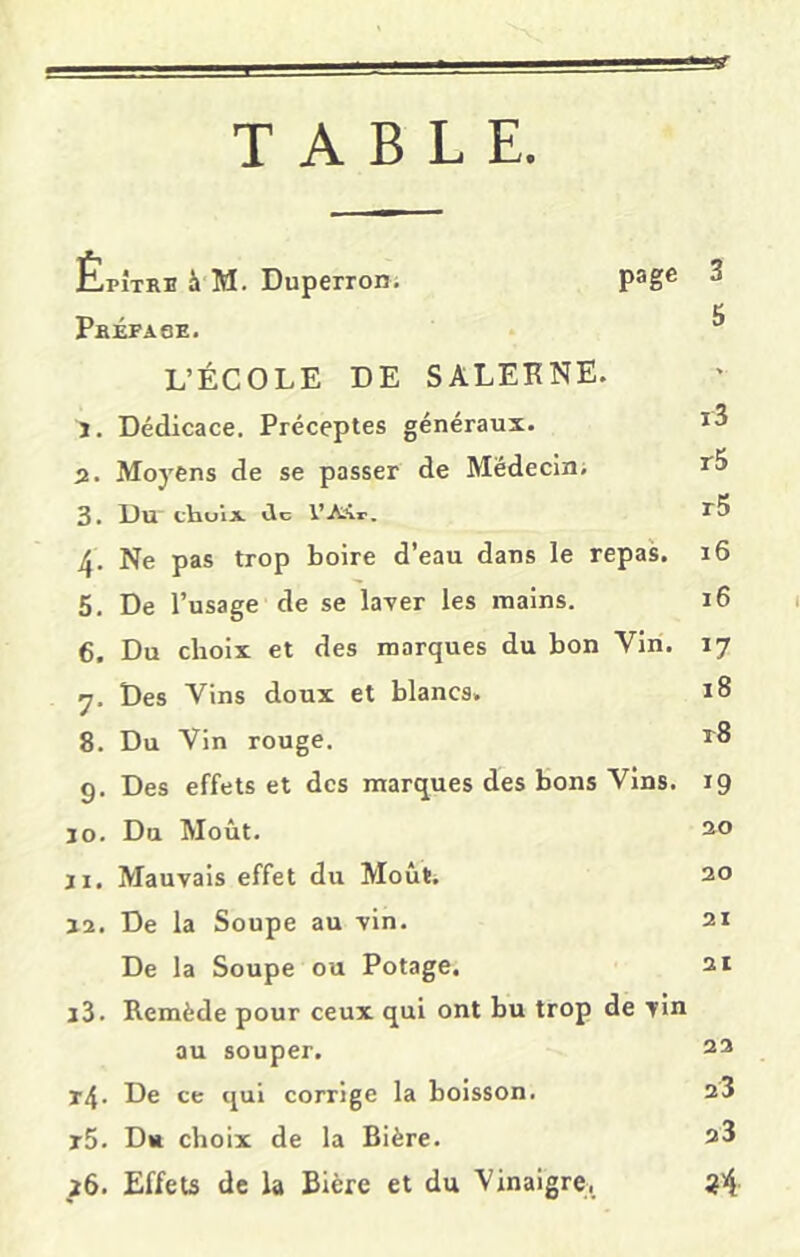 TABLE ÉpÎtrb i M. Duperron; page 3 Préfaoe. ^ L’ÉCOLE DE SALEKNE. J, Dédicace. Préceptes généraux. 2. Moyens de se passer de Médecin; ï'5 3. Du tlioix üc V’Aii'. r5 4. Ne pas trop boire d’eau dans le repas. 16 5. De l’usage de se laver les mains. 16 6. Du choix et des marques du bon Vin. 17 7. Des Vins doux et blancs. 18 8. Du Vin rouge. 1^8 9. Des effets et des marques des bons Vins. 19 jo. Du Moût. 2^0 ji. Mauvais effet du Moût. 20 12. De la Soupe au vin. 21 De la Soupe ou Potage. ai 13. Remède pour ceux qui ont bu trop de vin au souper. 22 r4. De ce qui corrige la boisson. aS r5. Du choix de la Bière. aS 16. Effets de la Bière et du Vinaigre,_