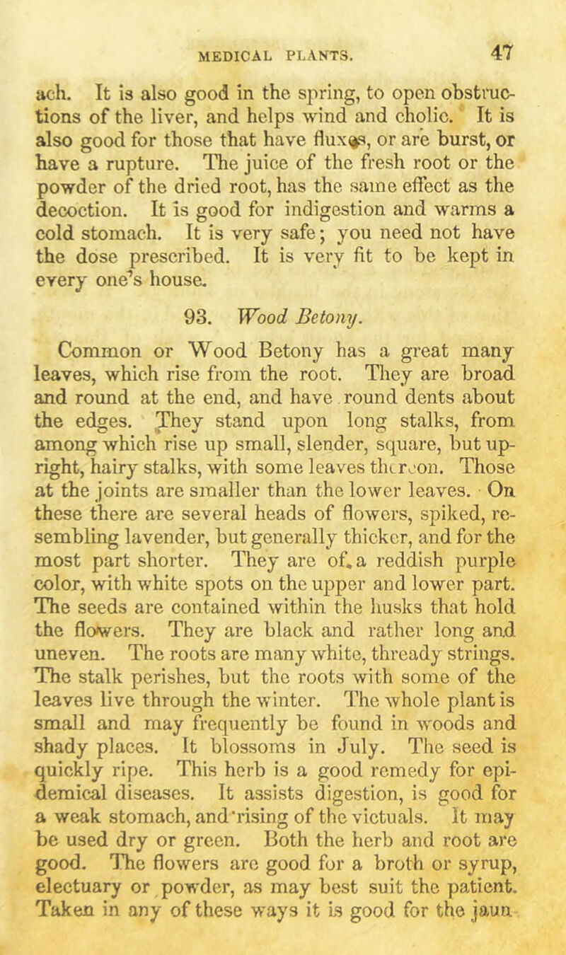 ach. It 13 also good in the spring, to open obstruc- tions of the liver, and helps wind and cholic. It is also good for those that have fluxiis, or are burst, or have a rupture. The juice of the fresh root or the powder of the dried root, has the same etfect as the decoction. It is good for indigestion and warms a cold stomach. It is very safe; you need not have the dose prescribed. It is very fit to be kept in every one‘’s house. 93. Wood Betony. Common or Wood Betony has a great many leaves, which rise from the root. They are broad and round at the end, and have round dents about the edges. They stand upon long stalks, from among which rise up small, slender, square, but up- right, hairy stalks, with some leaves tlu roon. Those at the joints are smaller than the lower leaves. On these there are several heads of flowers, spiked, re- sembling lavender, but generally thicker, and for the most part shorter. They are of, a reddish purple color, with white spots on the upper and lower part. The seeds are contained within the husks that hold the flowers. They are black and rather long and uneven. The roots are many white, thready strings. The stalk perishes, but the roots with some of the leaves live through the winter. The whole plant is small and may frequently be found in Avoods and shady places. It blossoms in July. The seed is quickly ripe. This herb is a good remedy for epi- demical diseases. It assists digestion, is good for a weak stomach, and‘rising of the victuals. It may be used dry or green. Both the herb and root are good. The flowers arc good for a broth or syrup, electuary or powder, as may best suit the patient. Taken in any of these ways it Is good for the jaun