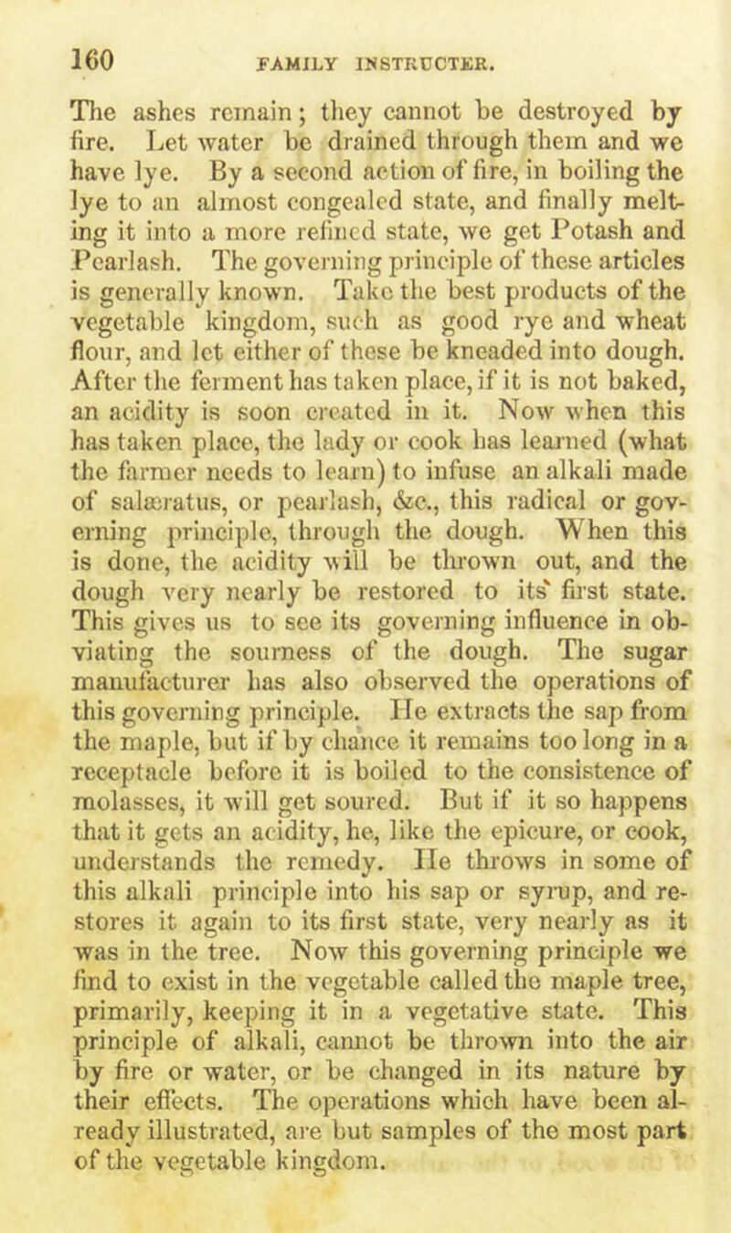 The ashes remain; they cannot be destroyed by fire. Let water be drained through them and we have lye. By a second action of fire, in boiling the lye to an almost congealed state, and finally melt- ing it into a more relincd state, we get Potash and Pcarlash. The governing principle of these articles is generally known. Take the best products of the vegetable kingdom, such as good rye and wheat flour, and let either of these be kneaded into dough. After the ferment has taken place, if it is not baked, an acidity is soon created in it. Now when this has taken place, the lady or cook has leained (what the farmer needs to learn) to infuse an alkali made of salanatns, or pcarlash, dzc., this radical or gov- erning principle, through the dough. When this is done, the acidity will be thrown out, and the dough very nearly be restored to its first state. This gives us to see its governing influence in ob- viating the sourness of the dough. The sugar manufacturer has also observed the operations of this governing principle. lie extracts the sap from the maple, but if by chance it remains too long in a receptacle before it is boiled to the consistence of molasses, it will get soured. But if it so happens that it gets an acidity, he, like the epicure, or cook, understands the remedy. He throws in some of this alkali principle into his sap or syrup, and re- stores it again to its first state, very nearly as it was in the tree. Now this governing principle we find to exist in the vegetable called the maple tree, primarily, keeping it in a vegetative state. This principle of alkali, camiot be thrown into the air by fire or water, or be changed in its nature by their efi'ects. The operations which have been al- ready illustrated, are but samples of the most part of the vegetable kingdom.