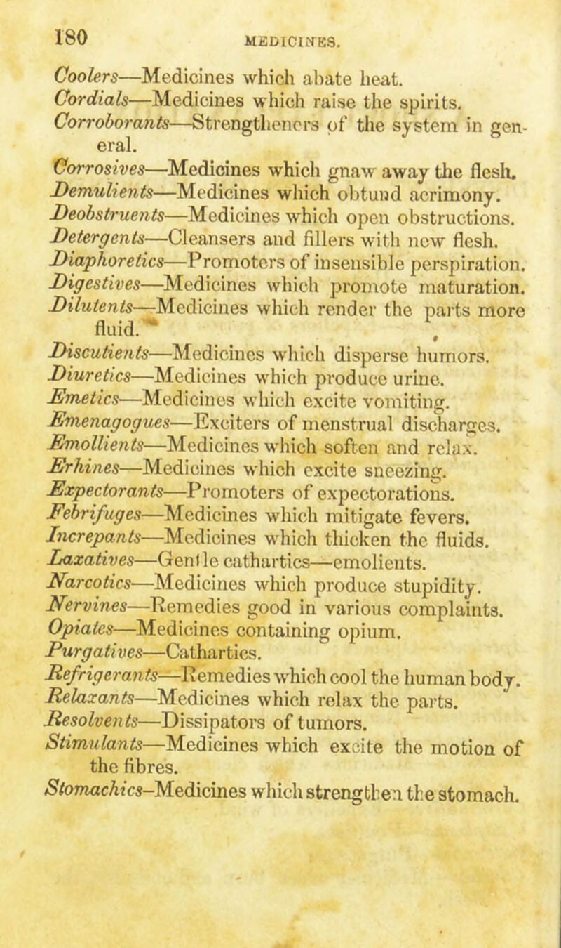 MEDICINES. Coolers—Medicines which abate heat. Cordials—Medicines which raise the spirits. Corroborants—Strongthcncrs of’ tlie system in gen- eral. Corrosives—Medicines which gnaw away the flesli. Demulients—Medicines which obtund acrimony. Deobstruents—Medicines which open obstructions. Detergents—Cleansers and fillers with new flesh. Diaphoretics—Promoters of insensible perspiration. Digestives—Medicines which promote maturation. Dilutents—Medicines which render the parts more fluid. Discuhents—INfedicincs which disperse humors. Diuretics—Medicines w'hich produce urine. Emetics—Medicines which e.xcite vomiting. Emenagogues—Exciters of menstrual discharges. Emollients—Medicines which soften and rcla.x. Erhines—Medicines which excite sneezing. Expectorants—Pi-omoters of expectorations. Febrifuges—Medicines which mitigate fevers. Increpants—Medicines which thicken the fluids. Laxatives—Gen) le cathartics—emolients. Narcotics—Medicines which produce stupidity. Nervines—Remedies good in various complaints. Opiates—Medicines containing opium. Purgati ves—Cathartics. Remedies w'hich cool the human body. Relaxants—Medicines which relax the parts. Resolven ts—Dissipators of tumors. Stimulants—Medicines Avhich excite the motion of the fibres. ^Sf/077mcAtcs-Medicines which strengthen the stomach.