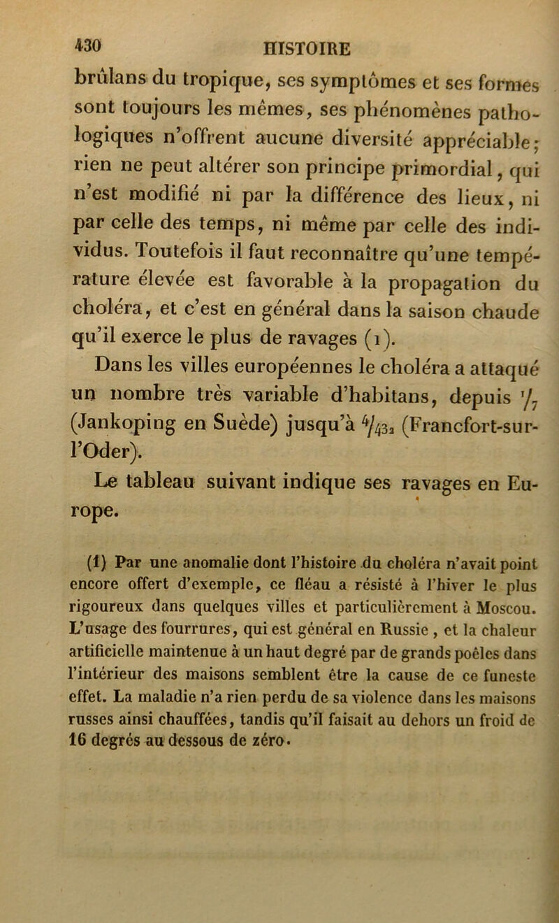 ^30 HISTOIRE briilans du tropique, ses symptômes et ses formes sont toujours les memes, ses phénomènes patho- logiques n’offrent aucune diversité appréciable; rien ne peut altérer son principe primordial, qui n’est modifié ni par la différence des lieux, ni par celle des temps, ni meme par celle des indi- vidus. Toutefois il faut reconnaître qu’une tempé- rature elevée est favorable à la propagation du choléra, et c’est en général dans la saison chaude qu’il exerce le plus de ravages (i). Dans les villes européennes le choléra a attaqué un nombre très variable d’habitans, depuis (Jankoping en Suède) jusqu’à ^43^ (Francfort-sur- l’Oder). Le tableau suivant indique ses ravages en Eu- rope. (1) Par une anomalie dont l’histoire du choléra n’avait point encore offert d’exemple, ce fléau a résisté à l’hiver le plus rigoureux dans quelques villes et particulièrement à Moscou. L’usage des fourrures, qui est général en Russie , et la chaleur artificielle maintenue à un haut degré par de grands poêles dans l’intérieur des maisons semblent être la cause de ce funeste effet. La maladie n’a rien perdu de sa violence dans les maisons russes ainsi chauffées, tandis qu’il faisait au dehors un froid de 16 degrés au dessous de zéro.