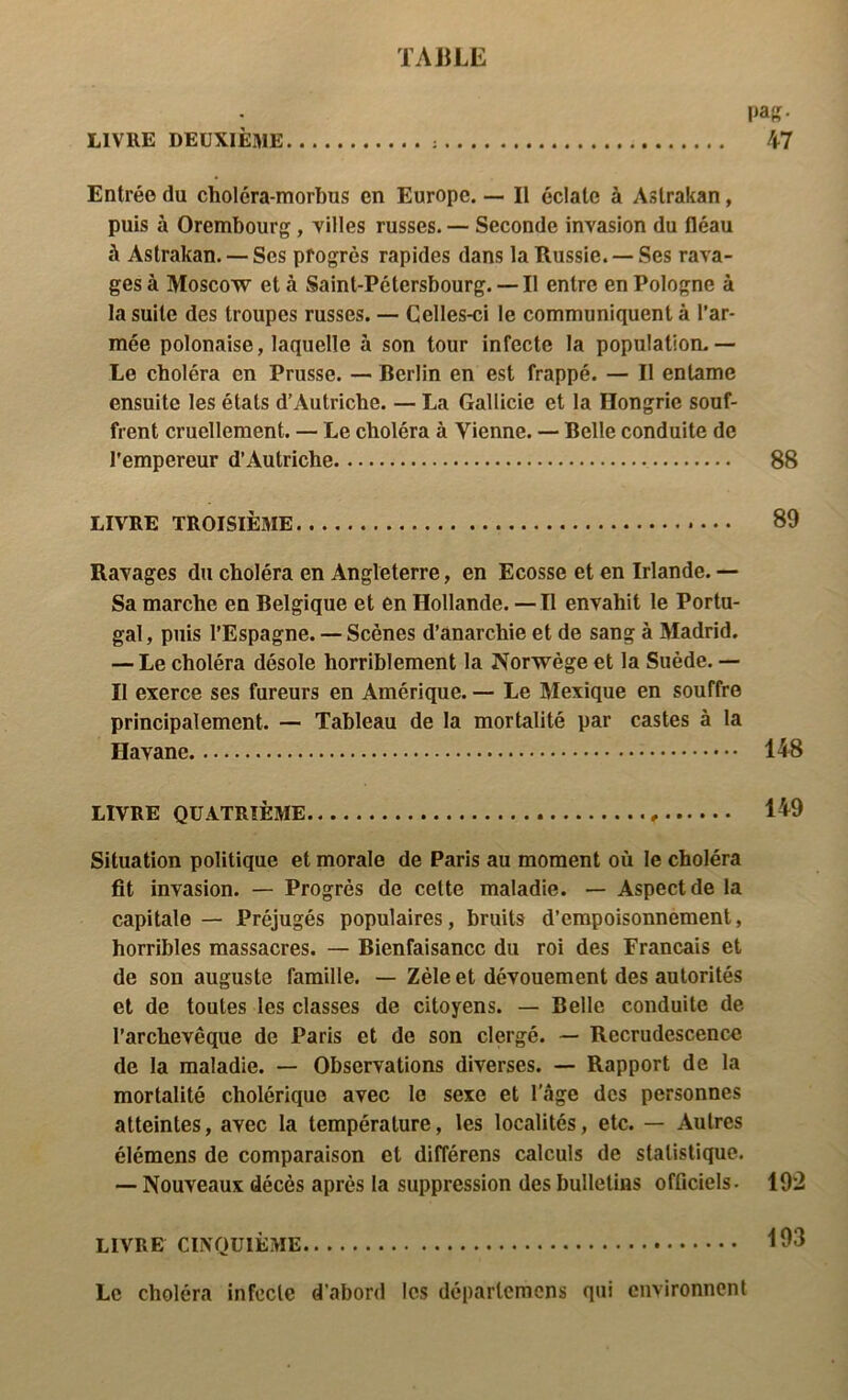 TAJJLE pa^. LIVRE DEUXIÈME : 47 Entrée du choléra-morbus en Europe. — Il éclate à Astrakan, puis à Orembourg, villes russes. — Seconde invasion du fléau à Astrakan. —Scs progrès rapides dans la Russie. —Ses rava- ges à Moscow et à Saint-Pétersbourg. —Il entre en Pologne à la suite des troupes russes. — Celles-ci le communiquent à l’ar- mée polonaise, laquelle à son tour infecte la population.— Le choléra en Prusse. — Berlin en est frappé. — Il entame ensuite les états d’Autriche. — La Gallicie et la Hongrie souf- frent cruellement. — Le choléra à Vienne. — Belle conduite de l’empereur d’Autriche 88 LIVRE TROISIÈME 89 Ravages du choléra en Angleterre, en Ecosse et en Irlande. — Sa marche en Belgique et en Hollande. —Il envahit le Portu- gal, puis l’Espagne. — Scènes d’anarchie et de sang à Madrid. — Le choléra désole horriblement la JVorwège et la Suède. — Il exerce ses fureurs en Amérique. — Le Mexique en souffre principalement. — Tableau de la mortalité par castes à la Havane 148 LIVRE QUATRIÈME 149 Situation politique et morale de Paris au moment où le choléra fit invasion. — Progrès de celte maladie. — Aspect de la capitale — Préjugés populaires, bruits d’empoisonnement, horribles massacres. — Bienfaisance du roi des Français et de son auguste famille. — Zèle et dévouement des autorités et de toutes les classes de citoyens. — Belle conduite de l’archevêque de Paris et de son clergé. — Recrudescence de la maladie. — Observations diverses. — Rapport de la mortalité cholérique avec le sexe et l’âge des personnes atteintes, avec la température, les localités, etc. — Autres élémens de comparaison et différons calculs de statistique. — Nouveaux décès après la suppression des bulletins officiels. 192 LIVRE CIXQUIÈME Le choléra infecte d’abord les déparlcmcns qui environnent