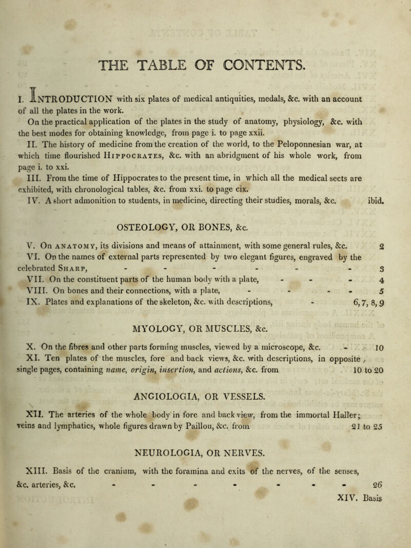 THE TABLE OF CONTENTS. i. Introduction with six plates of medical antiquities, medals, &c. with an account of all the plates in the work. On the practical application of the plates in the study of anatomy, physiology, &c. with the best modes for obtaining knowledge, from page i. to page xxii. II. The history of medicine from the creation of the world, to the Peloponnesian war, at which time flourished Hippocrates, &c. with an abridgment of his whole work, from page i. to xxi. III. From the time of Hippocrates to the present time, in which all the medical sects are exhibited, with chronological tables, &c. from xxi. to page cix. IV. A short admonition to students, in medicine, directing their studies, morals, &c. ibid. OSTEOLOGY, OR BONES, See. V. On anatomy, its divisions and means of attainment, with some general rules, &c. 2 VI. On the names of external parts represented by two elegant figures, engraved by the celebrated Sharp, - - - - - - 3 VII. On the constituent parts of the human body with a plate, - - 4 VIII. On bones and their connections, with a plate, - - 5 IX. Plates and explanations of the skeleton, &c. with descriptions, - 6,7, 8, 9 MYOLOGY, OR MUSCLES, &c. X. On the fibres and other parts forming muscles, viewed by a microscope, &c. - 10 XI. Ten plates of the muscles, fore and back views, &c. with descriptions, in opposite , single pages, containing name, origin, insertion, and actions, Sec. from 10 to 20 ANGIOLOGIA, OR VESSELS. XIL The arteries of the whole body in fore and back view, from the immortal Haller; veins and lymphatics, whole figures drawn by Paillou, See. from 21 to 25 NEUROLOGIA, OR NERVES. XIII. Basis of the cranium, with the foramina and exits of the nerves, of the senses, See. arteries, &c, - - - - - --26 XIV. Basis