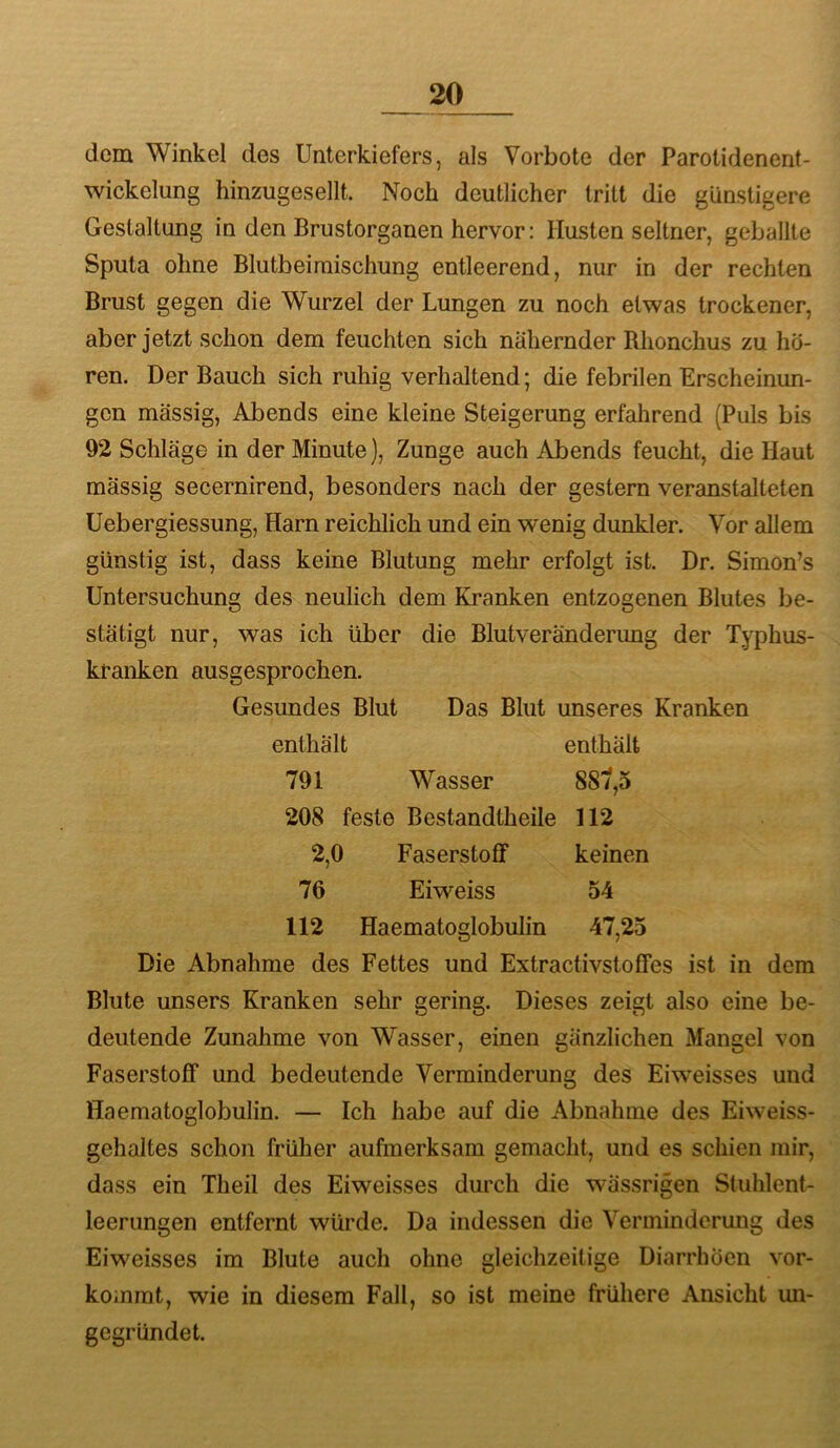 dem Winkel des Unterkiefers, als Vorbote der Parotidenent- wickelung hinzugesellt. Noch deutlicher tritt die günstigere Gestaltung in den Brustorganen hervor: Husten seltner, geballte Sputa ohne Blutbeiraischung entleerend, nur in der rechten Brust gegen die Wurzel der Lungen zu noch etwas trockener, aber jetzt schon dem feuchten sich nähernder Rhonchus zu hö- ren. Der Bauch sich ruhig verhaltend; die febrilen Erscheinun- gen massig, Abends eine kleine Steigerung erfahrend (Puls bis 92 Schläge in der Minute), Zunge auch Abends feucht, die Haut mässig secernirend, besonders nach der gestern veranstalteten Uebergiessung, Harn reichlich und ein wenig dunkler. Vor allem günstig ist, dass keine Blutung mehr erfolgt ist. Dr. Simon’s Untersuchung des neulich dem Kranken entzogenen Blutes be- stätigt nur, was ich über die Blutveränderung der Typhus- kranken ausgesprochen. Gesundes Blut Das Blut unseres Kranken enthält enthält 791 Wasser 88t,5 208 feste Bestandtheile 112 2,0 Faserstoff keinen 76 Eiweiss 54 112 Haematoglobulin 47,25 Die Abnahme des Fettes und Extractivstoffes ist in dem Blute unsers Kranken sehr gering. Dieses zeigt also eine be- deutende Zunahme von Wasser, einen gänzlichen Mangel von Faserstoff und bedeutende Verminderung des Eiw'eisses und Haematoglobulin. — Ich habe auf die Abnahme des Eiweiss- gehaltes schon früher aufmerksam gemacht, und es schien mir, dass ein Theil des Eiweisses durch die wässrigen Stuhlent- leerungen entfernt würde. Da indessen die Verminderung des Eiweisses im Blute auch ohne gleichzeitige Diarrhöen ver- kommt, wie in diesem Fall, so ist meine frühere Ansicht mi- gegründet.