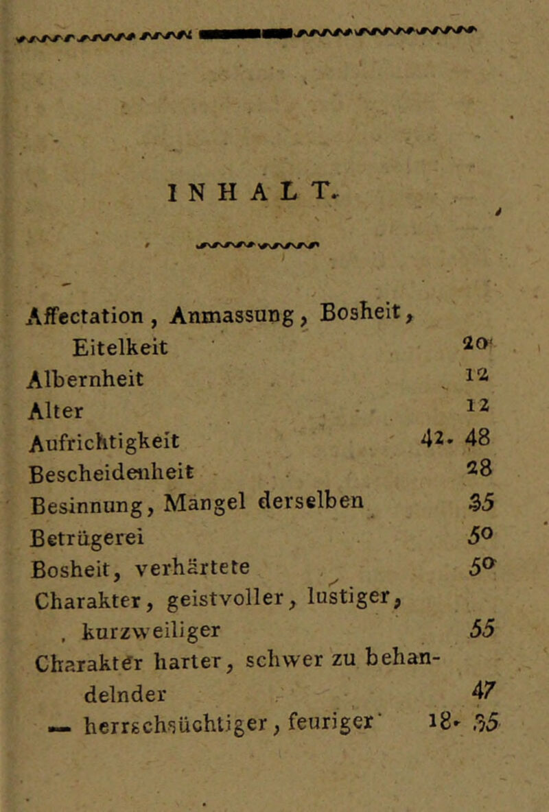 INHALT, > Affectation , Anmassung, Bosheit, Eitelkeit 20^ Albernheit ^ Alter ■ • . Aufrichtigkeit ' 42* 4^ Bescheidenheit - . . 28 Besinnung, Mangel derselben $5 Betrügerei 5® Bosheit, verhärtete 5^ Charakter, geistvoller, lustiger, , kurzweiliger 55 Charakter harter, schwer zu behan- delnder 47 — hcrrschsüchtiger, feuriger* i8»