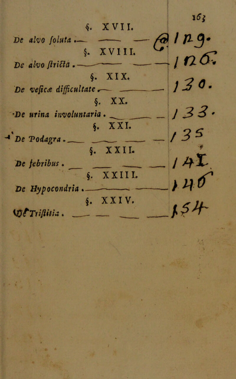 De alvo foluta — §. XVIII. De alvo flrifla §. XIX. De vefica difficultate,— —- §. XX. 'De urina involuntaria. _ §. XXI. DeTodagra. ^ §. XXII. De febribus . §. XXIII. De Hypocondria U)tTri/iitia. §. XXIV. .j n6^. _ j 3 S • ! yHtf J