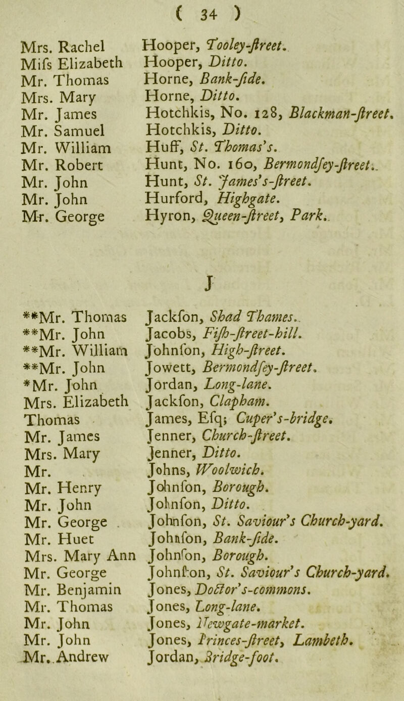 Mrs. Rachel Mifs Elizabeth Mr. Thomas Mrs. Mary Mr. James Mr. Samuel Mr. William Mr. Robert Mr. John Mr. John Mr. George Hooper, Tooley-ftreet. Hooper, Ditto. Horne, Bank-fide. Horne, Ditto. Hotchkis, No. 128, Blackman-Jlreet. Hotchkis, Ditto. Huff, St. 'Thomas's. Hunt, No. 160, Bermondfey-jlreet.. Hunt, St. James's-Jlreet. Hurford, Highgate. Hyron, Queen-ftreet, Park. **Mr. Thomas **Mr. John **Mr. William **Mr. John *Mr. John Mrs. Elizabeth Thomas Mr. James Mrs. Mary Mr. Mr. Henry Mr. John Mr. George Mr. Huet Mrs. Mary Ann Mr. George Mr. Benjamin Mr. Thomas Mr. John Mr. John Mr,. Andrew J Jacldon, Shad Thames. Jacobs, FiJh-Jlreet-hill. Johnfon, High-Jlreet. Jowett, Bermondfey-jlreet. Jordan, Long-lane. Jackfon, Clapham. James, Efq; Cuper's-bridge. Jenner, Church-Jlreet. jenner, Ditto. Johns, Woolwich. Johnlon, Borough. Johnfon, Ditto. Johnfon, St. Saviour's Church-yard. Johnfon, Bank-fide. Johnfon, Borough. Johnson, St. Saviour's Church-yard. Jones, Doctor's-commons. Jones, Long-lane. Jones, Uewgate-market. Jones, I'rinces-Jlreet, Lambeth. Jordan, bridge-foot.