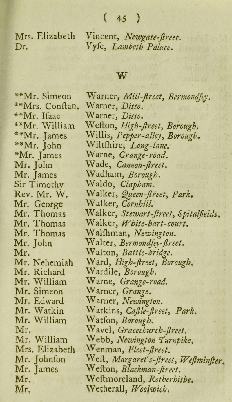 Mrs. Elizabeth Dr. **Mr. Simeon **Mrs. Conftan. **Mr. Ifaac **Mr. William **Mr. James **Mr. John *Mr. James Mr. John Mr. James Sir Timothy Rev. Mr. W. Mr. George Mr. Thomas Mr. Thomas Mr. Thomas Mr. John Mr. Mr. Nehemiah Mr. Richard Mr. William Mr. Simeon Mr. Edward Mr. Watkin Mr. William Mr. Mr. William Mrs. Elizabeth Mr. Johnfon Mr. James Mr. Mr, ( 45 ) Vincent, Newgate-fireet. Vyle, Lambeth Palace. W Warner, Mill-fireet3 Bermondjey. Warner, Ditto. Warner, Ditto. Wefton, High-fireet, Borough. Willis, Pepper-alley, Borough. Wiltlhire, Long-lane. Warne, Grange-road. Wade, Cannon-ftreet. Wadham, Borough. Waldo, Clap ham. Walker, Queen-fir eet, Park, Walker, Cornhill. Walker, Stewart-ftreet, Spitalfields. Walker, White-hart-court. Walfhman, Newington. Walter, Bermondjey-jlreet. Walton, Battle-bridge. Ward, High-ftreet3 Borough. Wardile, Borough. Warne, Grange-road. Warner, Grange. Warner, Newington. Watkins, CaJlle-Jlreet, Park. Watfon, Borough. Wavel, Gracechurch-flreet. Webb, Newington Turnpike, Wen man, Fleet-fir eet. Welt, Margaret's-fireet, Wefiminfter, Wefton, Blackman-fireet. Weftmoreland, Rotherhithe. Wetherall, Woolwich,