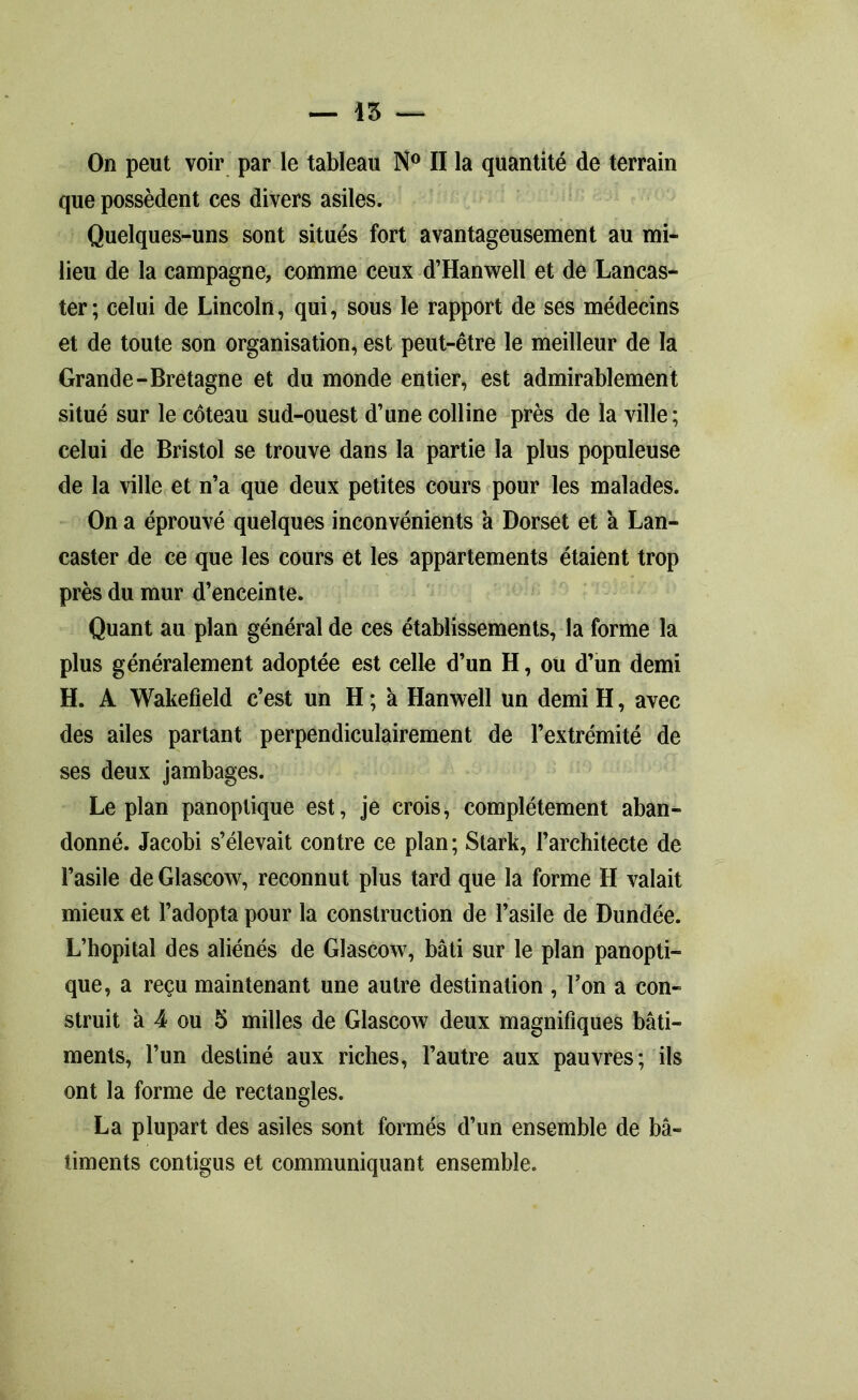 On peut voir par le tableau N° II la quantité de terrain que possèdent ces divers asiles. Quelques-uns sont situés fort avantageusement au mi- lieu de la campagne, comme ceux d’Hanwell et de Lancas- ter; celui de Lincoln, qui, sous le rapport de ses médecins et de toute son organisation, est peut-être le meilleur de la Grande-Bretagne et du monde entier, est admirablement situé sur le coteau sud-ouest d’une colline près de la ville; celui de Bristol se trouve dans la partie la plus populeuse de la ville et n’a que deux petites cours pour les malades. On a éprouvé quelques inconvénients a Dorset et à Lan- caster de ce que les cours et les appartements étaient trop près du mur d’enceinte. Quant au plan général de ces établissements, la forme la plus généralement adoptée est celle d’un H, ou d’un demi H. A Wakefield c’est un H ; 'a Hanwell un demi H, avec des ailes partant perpendiculairement de l’extrémité de ses deux jambages. Le plan panoptique est, je crois, complètement aban- donné. Jacobi s’élevait contre ce plan; Stark, l’architecte de l’asile de Glascow, reconnut plus tard que la forme H valait mieux et l’adopta pour la construction de l’asile de Dundée. L’hôpital des aliénés de Glascow, bâti sur le plan panopti- que, a reçu maintenant une autre destination , l’on a con- struit à 4 ou 5 milles de Glascow deux magnifiques bâti- ments, l’un destiné aux riches, l’autre aux pauvres; ils ont la forme de rectangles. La plupart des asiles sont formés d’un ensemble de bâ- timents contigus et communiquant ensemble.