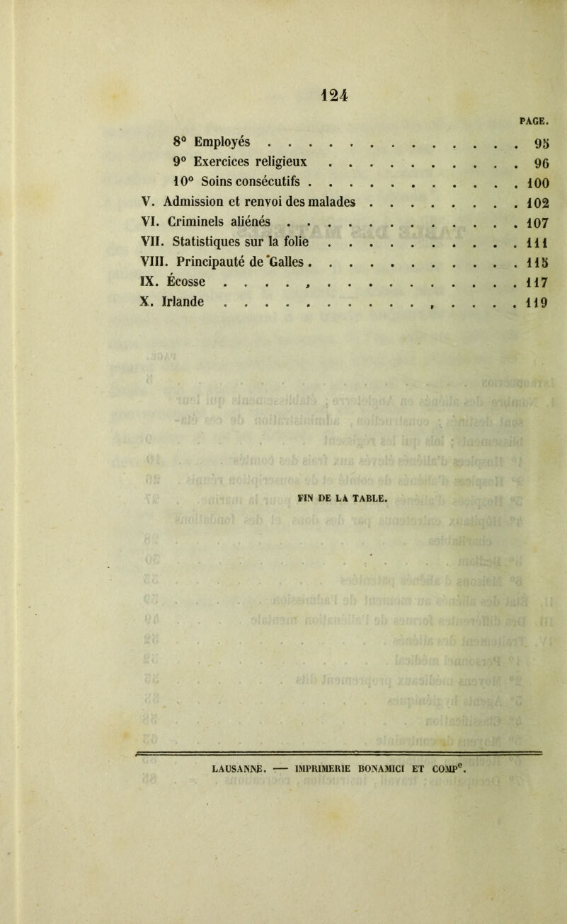 PAGE. 8° Employés 95 9° Exercices religieux 96 10° Soins consécutifs 100 V. Admission et renvoi des malades 102 VI. Criminels aliénés 107 VII. Statistiques sur la folie 111 VIII. Principauté de‘Galles 115 IX. Écosse 117 X. Irlande . , .... 119 FIN DE LA TABLE. LAUSANNE. IMPRIMERIE BONAMICI ET COMPe.