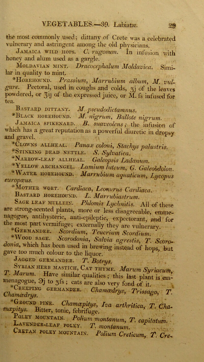 the most commonly used; dittany of Crete was a celebrated vulnerary and astringent among the old physicians. Jamaica wild hops. C. rugosum. in infusion with honey and alum used as a gargle. Moldavian mint. Dracoctphalum Moldavica. Simi- lar in quality to mint. ^Horehound. Prassium, Marrubium album, M. vul- gare. Pectoral, used in coughs and colds, of the leaves powdered, or ^ij of the expressed juice, or M. fs infused for tea. Bastard dittany. M. pseudodictamnus. *Black horehound. M. nigrum, Ballote nigrum. Jamaica spikenard. B. suaveolens; the infusion of which has a great reputation as a powerful diuretic in dropsy and gravel. * 3 Cloy ns allheal. Panax coloni, Stachys palustris. ^Stinking dead nettle. S. Sylvatica. ^Narrow-leaf allheal. Gale op sis Ladanum. * Yellow archangel. Lamium luteum, G. Galeobdolon * Water horehound. Marrubium aquaticum, Luconus europccus. Mother wort. Cardiaca, Leonurus Cctrdiaca. Bastard horehound. L. Marrubiastrum. Sage leaf mullein. Phlomis Lychnitis. All of these are strong-scented plants, more or less disagreeable, emme- nagogue, antihysteric, anti-epileptic, expectorant, and for the most part vermifuge; externally they are vulnerary. Germander. Scordiurn, Teucrium Scordium. Wood sage. Scorodonia, Salvia agrestis, T. Scorn- donia, which has been used in brewing instead of hops, but gave too much colour to the liquor. Jagged germander. T- Botrys. Wk HERB MASTICH, Cat THYME. Marum Syriacurn, 1. Marum. Have sumlar qualities; this last plant is em- menagogue, 3j to 3fs ; cats are also very fond erf it CkamMrpT Cha™d^> Trissago, T. ^Ground p^e. Cliamxpitys, Iva arthritica, T. Cka- Tnoepitys. Bitter, tonic, febrifuge. LAVEYvn,'?NTAIN' Poli*m Planum, T. capitatum. X.avendlr-leaf polky. T. monianum. r r Cretan poley mountain. Palium Creticum, T Cre-