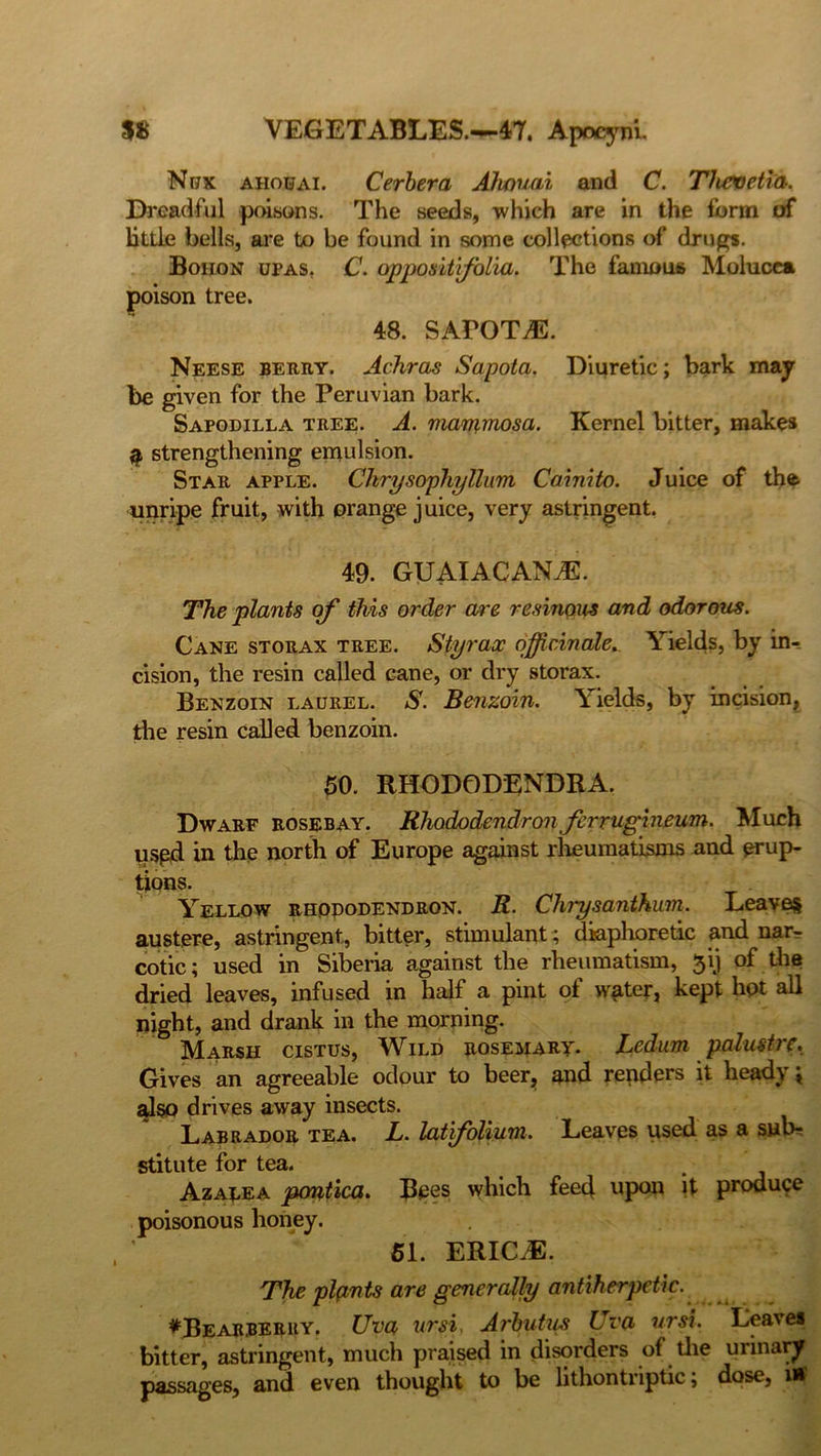 Nux ahouai. Cerbera Ahouai and C. Thcvetia. Dreadful poisons. The seeds, which are in the form of little bells, are to be found in some collections of drugs. Bohon upas. C. oppositifolia. The famous Molucca poison tree. 48. SAFOTvE. Neese berry. Achras Sapota. Diuretic; bark may be given for the Peruvian bark. Safodilla tree. A. marrimosa. Kernel bitter, makes a strengthening emulsion. Star apple. Chrysophyllum Cainito. Juice of the unripe fruit, with orange juice, very astringent. 49. GUAIACANtE. The plants of this order are resinous and odorous. Cane storax tree. Styrax officinale^ Yields, by in- cision, the resin called cane, or dry storax. Benzoin laurel. S. Benzoin. Yields, by incision, the resin called benzoin. 50. RHOD0DENDRA. Dwarf rosebay. Rhododendron ferrugineum. Much uspd in the north of Europe against rheumatisms and erup- tions. Yellow rhododendron. R. Chrysanthum. Leaves austere, astringent, bitter, stimulant; diaphoretic and nar- cotic ; used in Siberia against the rheumatism, 3ij of the dried leaves, infused in half a pint of water, kept hot all night, and drank in the morning. Marsh cistus, Wild rosemary. Ledum palustre. Gives an agreeable odour to beer, and renders it heady» also drives away insects. Labrador tea. L. latifolium. Leaves used as a sub- stitute for tea. Azalea pontica* Bees which feed upon it produce poisonous honey. 51. ERICdE. The plants are generally antiherpetic. *Bear.beruy. Uva ursi, Arbutus Uva ursi. Leave* bitter, astringent, much praised in disorders of die urinary passages, and even thought to be lithontriptic; dose, m