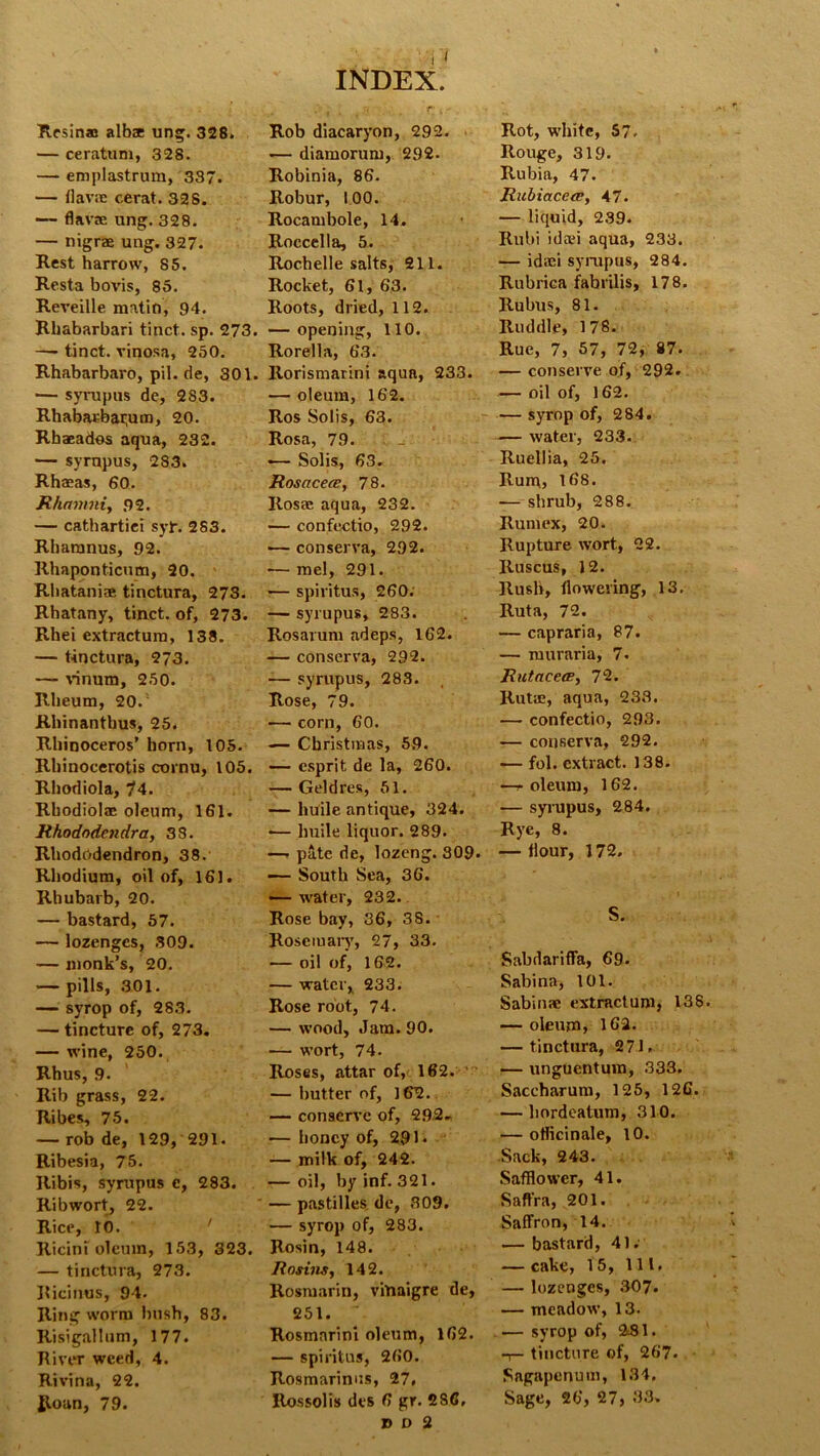 Resin® alb* ung. 328. — ceratum, 328. — emplastrum, 337. — flav* cerat. 328. — flav* ung. 328. — nigrae ung. 327. Rest harrow, 85. Resta bovis, 85. Reveille matin, 94. Rhabarbari tinct. sp. 273. —- tinct. vinosa, 250. Rhabarbaro,pil.de, 301. — syrupus de, 2S3. Rhabarbarum, 20. Rh*ados aqua, 232. — syrnpus, 283. Rhaeas, 60. Rhamniy 92. — cathartic! syf. 283. Rhamnus, 92. Rhaponticum, 20. Rhatani* tinctura, 273. Rhatany, tinct. of, 273. Rhei extractum, 138. — tinctura, 273. — vinum, 250. Rheum, 20.5 Rhinantbus, 25. Rhinoceros' horn, 105. Rhinocerotis cornu, 105. Rhodiola, ?4. Rbodiol* oleum, 161. Rhododcndra, 38. Rhododendron, 38. Rhodium, oil of, 161. Rhubarb, 20. — bastard, 57. — lozenges, 309. — monk’s, 20. — pills, 301. — syrop of, 283. — tincture of, 273. — wine, 250. Rhus, 9. Rib grass, 22. Kibes, 75. — rob de, 129, 291. Ribesia, 75. Ribis, syrupus e, 283. Ribwort, 22. Rice, 10. ' Ricini oleum, 153, 323. — tinctura, 273. Ricinus, 94. Ring worm bush, 83. Risigallum, 177. River weed, 4. Rivina, 22. INDEX. Rob diacaryon, 292. •— diamorum, 292. Robinia, 86. Robur, 100. Rocambole, 14. Roccella, 5. Rochelle salts, 211. Rocket, 61, 63. Roots, dried, 112. — opening, 110. Rorella, 63. Rorismarini aqua, 233. — oleum, 162. Ros Solis, 63. Rosa, 79. *— Solis, 63. Roscicecc, 78. Ros* aqua, 232. — confectio, 292. conserva, 292. — mel, 291. — spiritus, 260. — syrupus, 283. Rosarum adeps, 162. — conserva, 292. — syrupus, 283. Rose, 79. — corn, 60. — Christinas, 59. esprit de la, 260. — Geldres, 51. — huile antique, 324. •— huile liquor. 289. —. pate de, lozeng. 309- South Sea, 36. — water, 232. Rose bay, 36, 38. Rosemary, 27, 33. — oil of, 162. — water, 233. Rose root, 74. — wood, Jam. 90. — wort, 74- Roses, attar of, 162. — butter of, 162. — conserve of, 292. — honey of, 291* — milk of, 242. — oil, by inf. 321. — pastilles, de, 309. — syrop of, 283. Rosin, 148. Rosins, 142. Rosmarin, vitiaigre de, 251.  Rosmnrini oleum, 162. — spiritus, 260. Rosmarinus, 27. d d 2 Rot, white, 57. Rouge, 319. Rubia, 47. Rubiacete, 47. — liquid, 239. Rubi id*i aqua, 233. — id*i syrupus, 284. Rubrica fabrilis, 178. Rubus, 81. Ruddle, 178. Rue, 7, 57, 72, 87. — conserve of, 292. — oil of, 162. — syrop of, 284. — water, 233. Ruellia, 25. Rum, 168. — shrub, 288. Rumex, 20. Rupture w’ort, 22. Ruscus, 12. Rush, flowering, 13. Ruta, 72. — capraria, 87. — muraria, 7. Rutaccee, 72. Rut*, aqua, 233. — confectio, 293. — conserva, 292. ■— fol. extract. 138. —^ oleum, 162. — syrupus, 284. Rye, 8. — Hour, 172. S. Sabdariffa, 69. Sabina, 101. Sabin* extractum, 138. — oleum, 162. — tinctura, 271. — unguentum, 333, Saccharum, 125, 12G. — hordeatum, 310. — oflicinale, 10. .Sack, 243. Safflower, 41. Saffra, 201. Saffron, 14. — bastard, 41. — cake, 15, 111. — lozenges, 307. — meadow, 13. — syrop of, 231. -T- tincture of, 267. Sagapenum, 134.