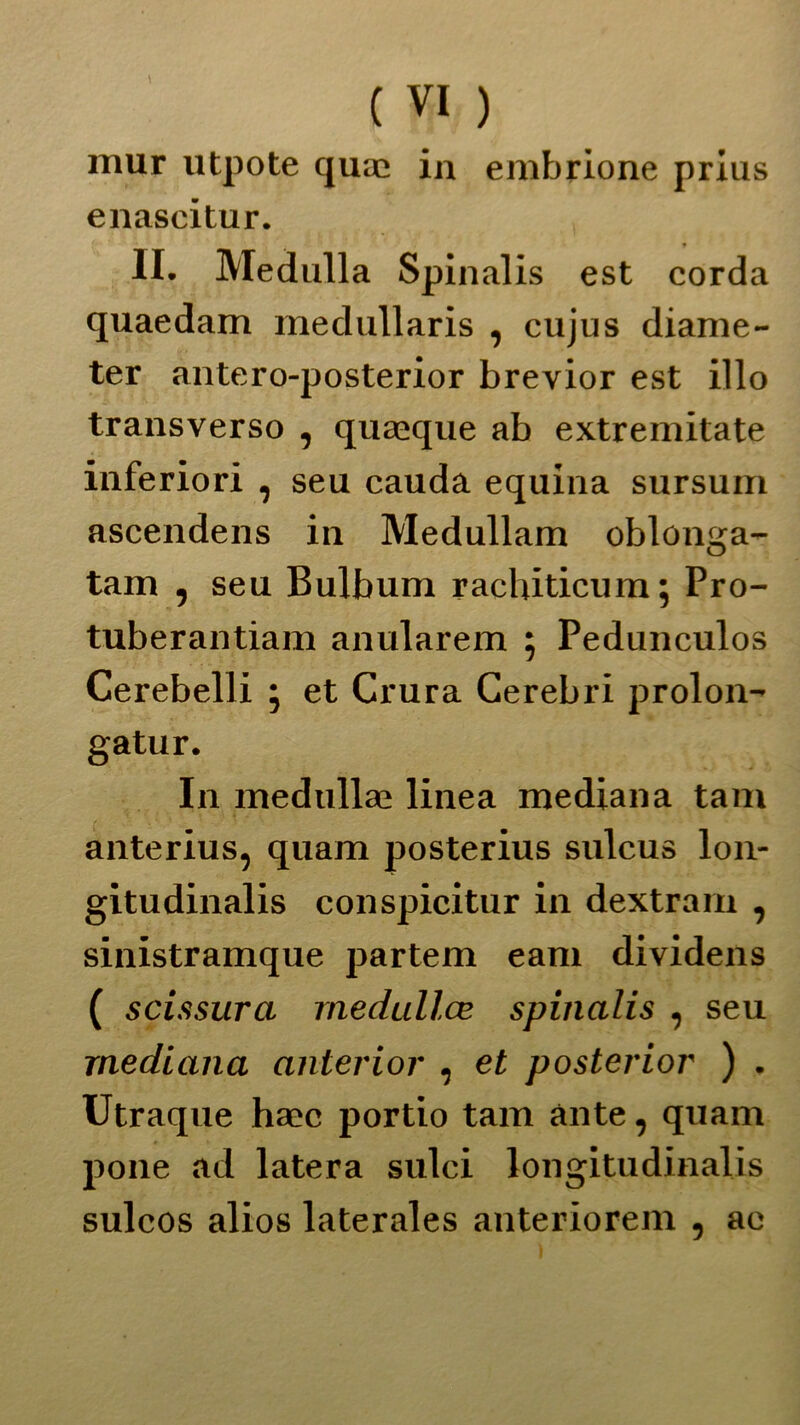 mur utpote quae in embrione prius enascitur. li. Medulla Spinalis est corda quaedam medullaris , cujus diame- ter antero-posterior brevior est ilio transverso , quaeque ab extremitate inferiori , seu cauda equina sursum ascendens in Medullam oblonga- tam 5 seu Bulbum rachiticum; Pro- tuberantiam anularem ; Pedunculos Cerebelli ; et Crura Cerebri prolon- gatur. In medullae linea mediana tam anterius, quam posterius sulcus lon- gitudinalis conspicitur in dextrarn , sinistramque partem eam dividens ( scissura rnedullce spinalis , seu mediana anterior , et posterior ) . Utraque hsec portio tam ante, quam pone ad latera sulci longitudinalis sulcos alios laterales anteriorem 5 ac