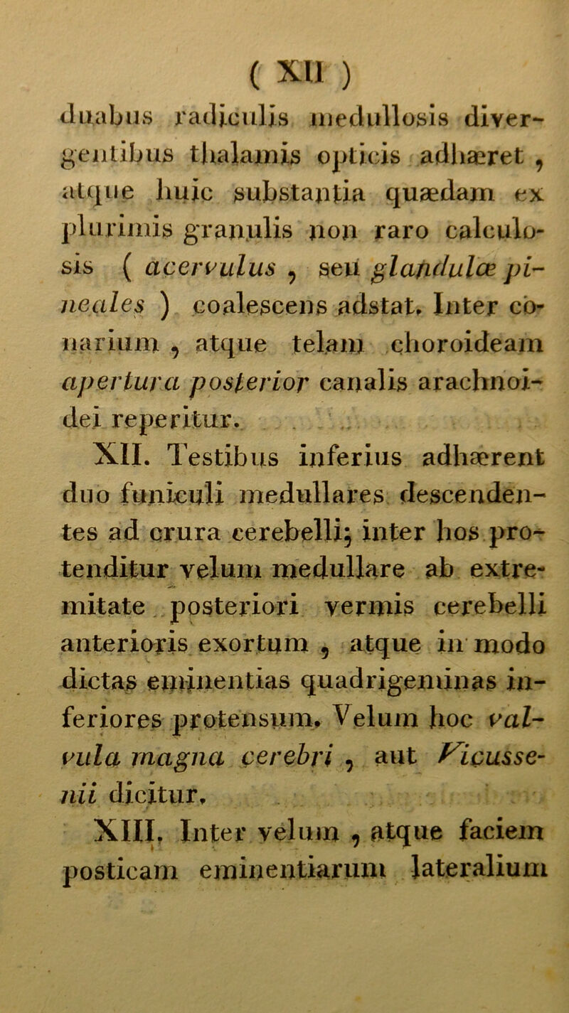 duabus radiculis uiedullosis diver- genlibus thalamis opticis adlueret , atque buie gubstantia quaedam ex plurimis granjjlis non raro calculo- sis ( aceri'ulus , seu glatululce pi- neales ) eoalescens adstat. Inter cò- nariuni , atque telam choroideam apertura posterior canalis arachnoi- dei reperitur. XII. Testib us inferius adhaerent duo funiculi medullares descenden- tes ad crura cerebelli ; inter hos pro^ tenditur velimi medullare ab extre- mitate posteriori vermis cerebelli anterioris exortum , atque in modo dictas eminentias quadrigeminas in- feriore# protensum, Veluin hoc cal- villa magna cerebri , aut tic us se- ni i dicitur. XIII, Inter veluin , atque faciem posticam eminentiaruni lateralium