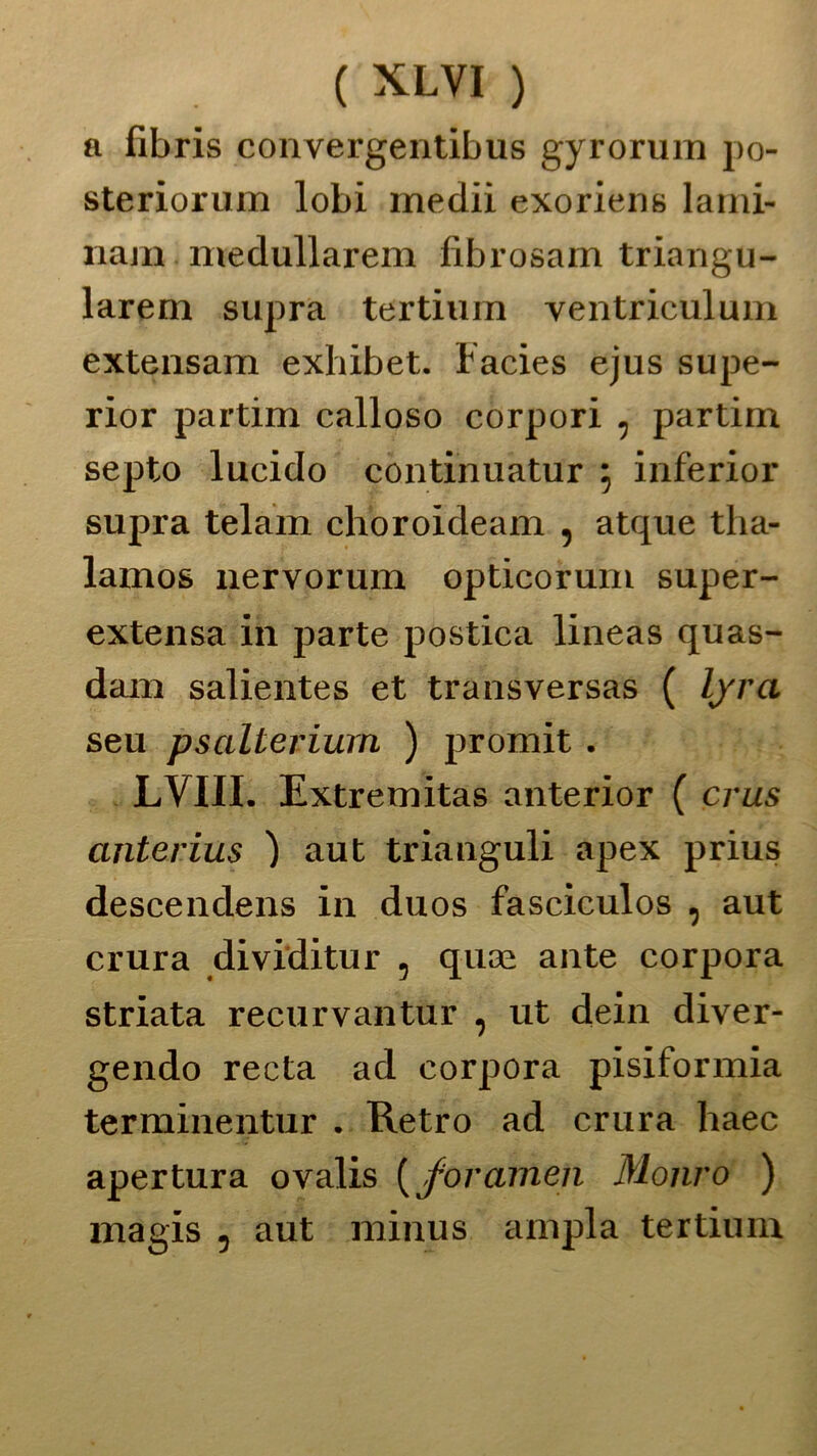 ( XLYI ) a fibris convergentibus gyrorum po- steriorum lobi rnedii exoriens lami- narli medullarem fibrosam triangu- larem supra tertium ventriculum extensam exbibet. Facies ejus supe- rior partim calloso corpori , partim septo lucido continuatur ; inferior supra telam choroideam , atque tlia- lamos nervorum opticorum super- extensa in parte postica lineas quas- dam salientes et transversas ( lyra seu psalterium ) promit. LVIII. Extremitas anterior ( crus anterius ) aut trianguli apex prius descendens in duos fasciculos , aut crura dividitur , quoe ante corpora striata recurvantur , ut dein diver- gendo recta ad corpora pisiformia terminentur . Retro ad crura haec apertura ovalis ( forameli Mauro ) magis ? aut rainus ampia tertium
