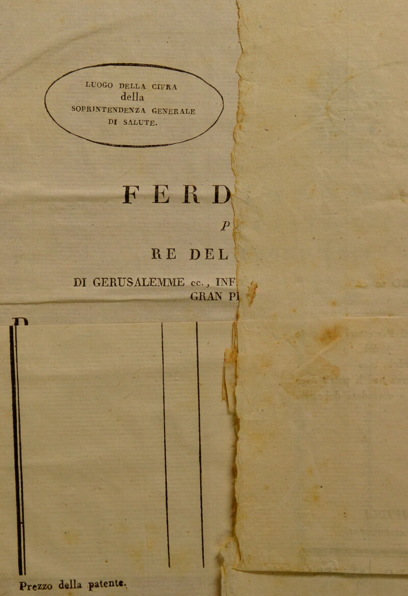 LUOGO DELLA. CIFRA della SOPRINTENDENZA GENERALE DI SALUTE. F E I RE DEL DI GERUSALEMME ec., GRAN Prezzo della patent*.