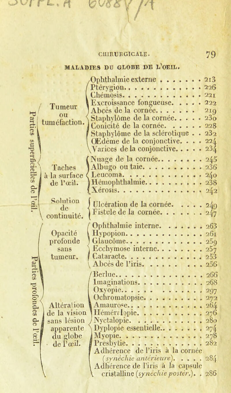 ClimUBGlCALE. 79 MALADrRS DD GLOBE DE L'oEIL. ^Ophthalmic externe Ptérygion. Chcmosis. Tumeur ou tuméfaction. Taches à la surface de l’ocil. Solnfioii de continuité. Opacité profonde sans tumeur. I Excroissance fongueuse. . . I Abcès de la cornée , Staphylôme de la cornée. . . Conicité de la cornée. . . . Staphylôme de la scléroticiue (Ædéme de la conjonctive. . yVarices de la conjonctive. . . 'Nuage de la cornée I Albùgo ou taie Leucoma. I llémophthalmie. Xérosis ) Ulcération de la cornée. 1 Fistule de la cornée. . . Altérai ion de la vision sans lésion apparente du globe de r œil. (Ophthalmie interne Ilypopion Glaucôme Ecchymose interne f Cataracte \ Abcès de l’iris llerlue Imaginations Oxyopie Ochromatopsie Amaurose llémérElopie Nyctalopie. . Dyplopie essentielle. Myopie Presbytie Adhérence de l’iris à la cornée (synéchie antérieure) Adhérence de l’iris à la capsule cristalline (^synéchie postér,), . 2i3 226 221 222 210 23o 228 282 224 234 245 2.36 240 238 242 24d 247 263 261 259 257 253 256 , 266 268 297 272 264 276 280 27.4 278 2S2 284 286