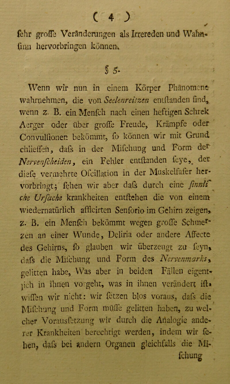 ✓ fehr große Veränderungen als Irrereden und Wahn* fimi hervorbringen können. § 5- : Wenn wir nun in einem Körper Phänomene wahrnehmen, die von Seelenreitzen emllanden find, wenn z. B. ein Menfch nach einen heftigen Schick Aerger oder über große Freude, Krämpfe oder Convulllonen bekömmt, fo können wir mit Grund chiielfen, dafs in der Mifchung und Form der Nervenfcheiden, ein Fehler entftanden leye ,4 der diefe vermehrte Ofcillation in der Muskelfafer her* vorbringtj feilen wir aber dafs durch eine finnlf che Urfache krankheiten entliehen die von einem wiedernatürlich afficirten Senforio im Gehirn zeigen» Z- B, ein Menfch bekömmt wegen große Schmer~ Zen an einer Wunde, Deliria oder andere Affecte des Gehirns, fo glauben wir überzeugt zu feyn» dafs die Mifchung und Form des Ncrvcnmarks, gelitten habe, Was aber in beiden Fällen eigene jich in ihnen vorgeht, was in ihnen verändert iß* wißen wir nicht: wir fetzen blos voraus, dafs die Mifchung und Form roüße gelitten haben, zu wel- cher Vorausfetzjing wir durch die Analogie ande- rer Krankheiten berechtigt werden, indem wir fe- hen? dafs bei andern Organen gleichfalls die Mi- fchung