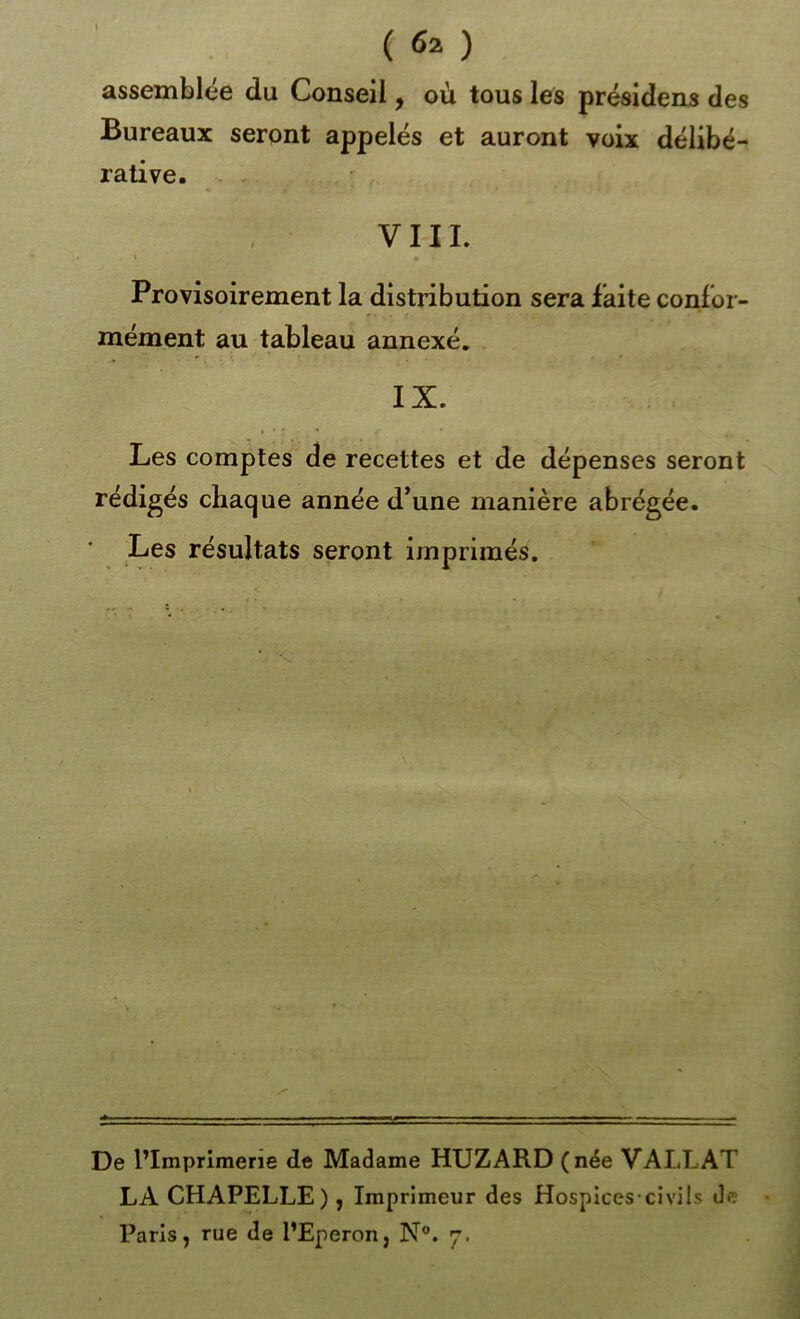 assemblée du Conseil, où tous les présidons des Bureaux seront appelés et auront voix délibé- rative. - VIII. I Provisoirement la distribution sera faite confor- mément au tableau annexé. . IX. Les comptes de recettes et de dépenses seront rédigés chaque année d’une manière abrégée. Les résultats seront imprimés. De l’Imprimerie de Madame HUZARD (née VALLAT LA CHAPELLE) ^ Imprimeur des Hospices-civils de • Paris, rue de l’Eperon, N®. 7.