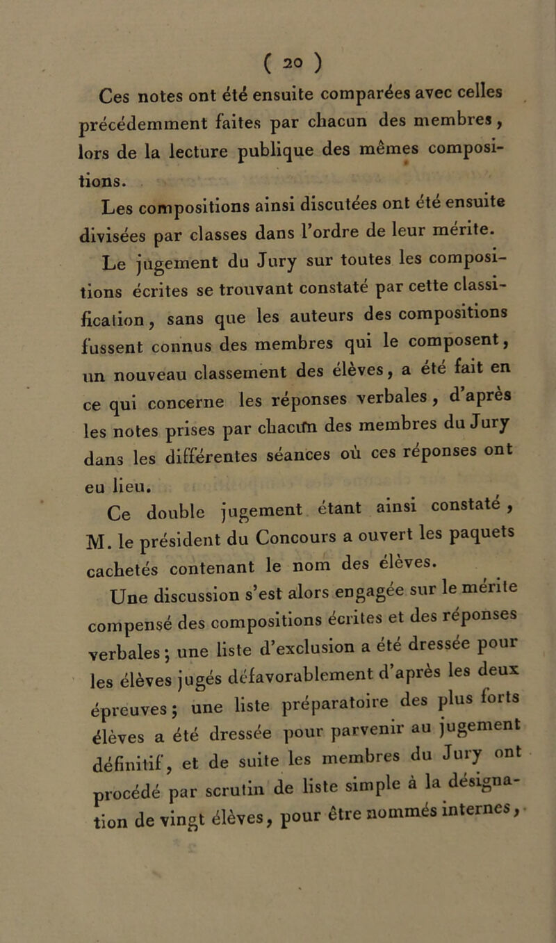 Ces notes ont été ensuite comparées avec celles précédemment faites par chacun des membres, lors de la lecture publique des mêmes composi- tions. Les compositions ainsi discutées ont ete ensuite divisées par classes dans 1 ordre de leur mérité. Le jugement du Jury sur toutes les composi- tions écrites se trouvant constate par cette classi- fication ? sans que les auteurs des compositions f ussent connus des membres qui le composent, un nouveau classement des eleves, a ete fait en ce qui concerne les réponses verbales, d après les notes prises par cliacim des membres du Jury dans les différentes séances où ces réponses ont eu lieu. Ce double jugement étant ainsi constaté, M. le président du Concours a ouvert les paquets cachetés contenant le nom des élèves. Une discussion s’est alors engagée sur le mente compensé des compositions écrites et des réponses verbales; une liste d’exclusion a été dressée pour les élèves jugés défavorablement d’après les deux épreuves; une liste préparatoire des plus forts élèves a été dressée pour parvenir au jugement définitif, et de suite les membres du Jury ont procédé par scrutin de liste simple à la désigna- tion de vingt élèves, pour être nommés internes,