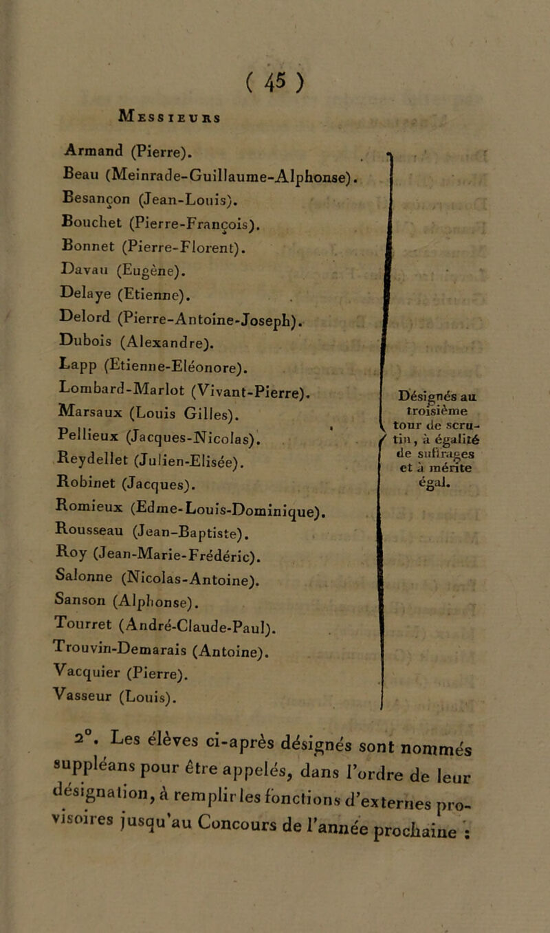 Mess ieU ns Armand (Pierre). Beau (Meinrade-Guillaume-Alphonse). Besançon (Jean-Louis). Bouchet (Pierre-François). Bonnet (Pierre-Florent). Davau (Eugène). Délayé (Etienne). Delord (Pierre-Antoine-Joseph). Dubois (Alexandre). Lapp (Etienne-Eléonore). Lombard-Marlot (Vivant-Pierre). Marsaux (Louis Gilles). Pellieux (Jacques-Nicolas). Reydellet (Julien-Elisée). Robinet (Jacques). Romieux (Edine-Louis-Dominique). Rousseau (Jean-Baptiste). Roy (Jean-Marie-Frédéric). Saîonne (Nicolas-Antoine). Sanson (Alphonse). Tourret (André-Claude-Paul). Trouvin-Demarais (Antoine). Vacquier (Pierre). Vasseur (Louis). r Désignés au troisième tour tle scru- ( tin , à égalité de suffrages et à mérite égal. 2°. Les élèves ci-après désignés sont nommés suppléans pour être appelés, dans l’ordre de leur désignation, à remplir les fonctions d’externes pro- visoires jusqu’au Concours de l’année prochaine :