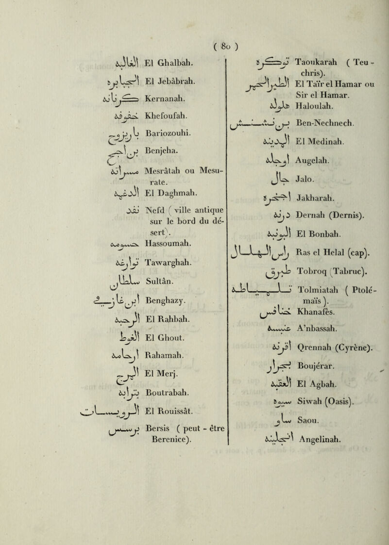 ( ) s\iè=. g* àj l^»vvwO ASJ El Ghalbah. El Jebâbrah. Kernanah. Khefoufah. Bariozouhi. Benjeha. Mesrâtah ou Mesu- rate. El Daghmah. Nefd ( ville antique sur le bord du dé- sert^ . y Hassoumah. Tawarghah. Sultan. Benghazy. El Bahbah. El Ghout. Bahamah. El Merj. Boutrabah. El Rouissât. Bersis ( peut - être Bérénice). LT àjjï à~o^31 jLUJlyj, ôj^ CT3 üÿ\ jlf? Taoukarah ( Teu - chris). El Taïr el Hamar ou Sir el Hamar. Haloulah. Ben-Nechnech. El Medinah. Augelah. Jalo. Jakharah. Dernah (Demis). El Bonbah. Ras el Helal (cap). Tobroq Tabruc). Tolmiatah ( Ptolé- maïs ). Khanafès. A’nbassah. Qrennah (Cyrène). Boujérar. El Agbah. Siwah (Oasis). jL*> Saou. Angelinah.