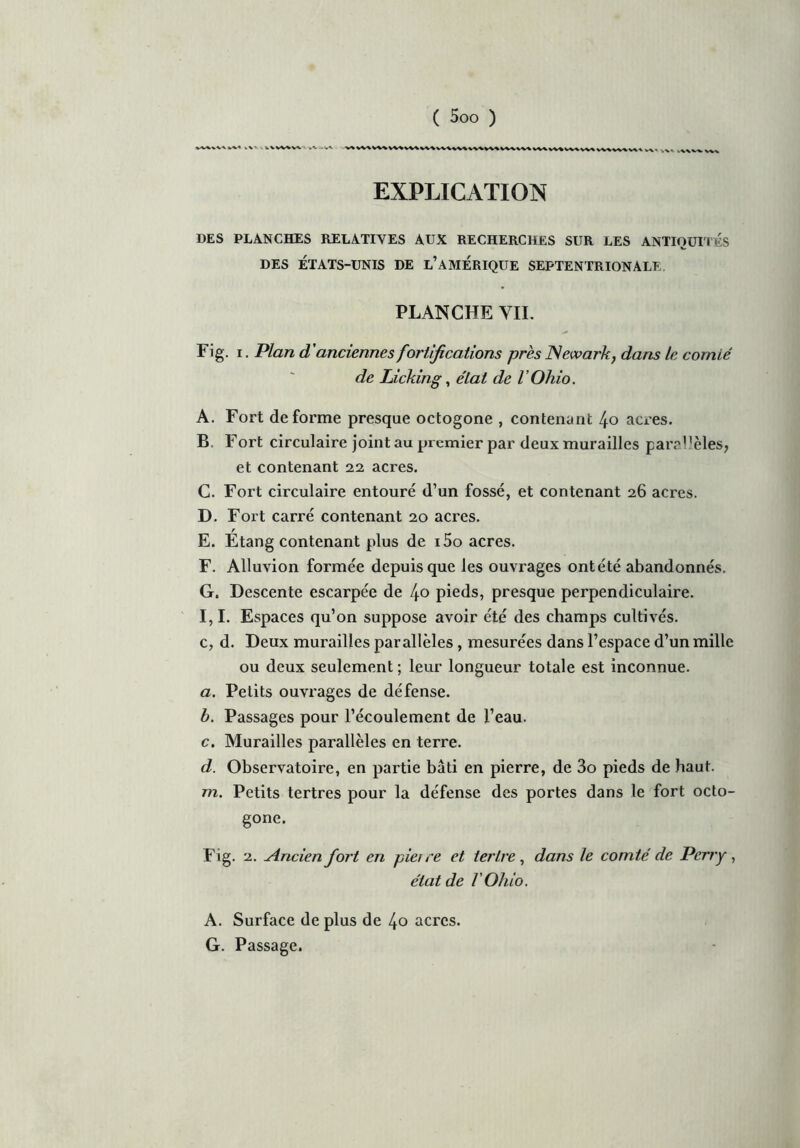 v\» , VVVWVV EXPLICATION DES PLANCHES RELATIVES AUX RECHERCHES SUR LES ANTIQUITÉS DES ÉTATS-UNIS DE L’AMÉRIQUE SEPTENTRIONALE. PLANCHE VII. Fig. i. Plan d'anciennes fortifications près JSewark, dans le comté de Licking, état de l’Ohio. A. Fort déformé presque octogone , contenant 4o acres. B Fort circulaire joint au premier par deux murailles para^èles, et contenant 22 acres. C. Fort circulaire entouré d’un fossé, et contenant 26 acres. D. Foi't carré contenant 20 acres. r E. Etang contenant plus de i5o acres. F. Alluvion formée depuis que les ouvrages ontété abandonnés. G. Descente escarpée de 4.0 pieds, presque perpendiculaire. l, I. Espaces qu’on suppose avoir été des champs cultivés. c, d. Deux murailles parallèles, mesurées dans l’espace d’un mille ou deux seulement ; leur longueur totale est inconnue. a. Petits ouvrages de défense. b. Passages pour l’écoulement de l’eau. c. Murailles parallèles en terre. d. Observatoire, en partie bâti en pierre, de 3o pieds de haut. m. Petits tertres pour la défense des portes dans le fort octo- gone. Fig. 2. Ancien fort en pietre et tertre , dans le comté de Perry, état de l'Ohio. A. Surface de plus de 4o acres. G. Passage.