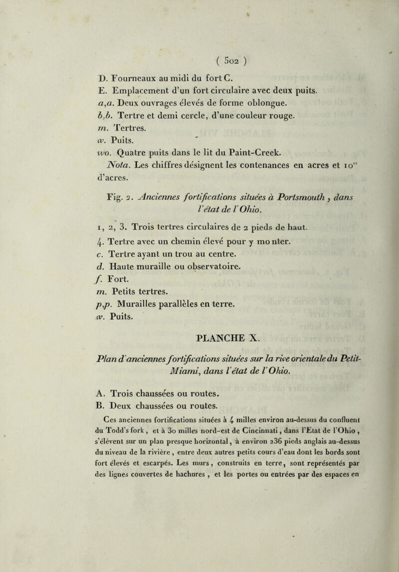 D. Fourneaux au midi du fortC. E. Emplacement d’un fort circulaire avec deux puits. r/,«. Deux ouvrages élevés de forme oblongue. b. b. Tertre et demi cercle, d’une couleur rouge. m. Tertres. tv. Puits. wo. Quatre puits dans le lit du Paint-Creek. Nota. Les chiffres désignent les contenances en acres et iocs d’acres. Fig. 2. Anciennes fortifications situées à Portsmouth } dans l'état de l Ohio. i, 2, 3. Trois tertres circulaires de 2 pieds de haut. 4- Tertre avec un chemin élevé pour y mo nter. c. Tertre ayant un trou au centre. d. Haute muraille ou observatoire. /. Fort. m. Petits tertres. p,p. Murailles parallèles en terre. w. Puits. PLANCHE X. Plan d anciennes fortifications situées sur la rive orientale du Petit- Miami, dans l'état de l'Ohio. A. Trois chaussées ou routes. B. Deux chaussées ou routes. Ces anciennes fortifications situées à 4- milles environ au-dessus du confluent du Todd’s fork , et à 3o milles nord-est de Cincinnati, dans l’Etat de l’Ohio , s’élèvent sur un plan presque horizontal, à environ 236 pieds anglais au-dessus du niveau de la rivière , entre deux autres petits cours d’eau dont les bords sont fort élevés et escarpés. Les murs, construits en terre, sont représentés par des lignes couvertes de hachures , et les portes ou entrées par des espaces en