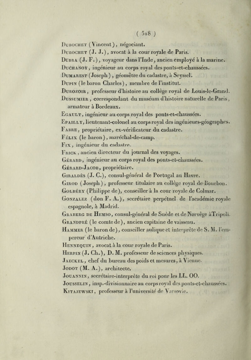 Dubochet (Vincent), négociant. Dubochet (J. J.), avocat à la cour royale de Paris. Dubra (J. F.), voyageur dans l’Inde ^ ancien employé à la marine. Duchanoy, ingénieur au corps royal des ponts-et-chaussées. Dumarest (Joseph) , géomètre du cadastre, à Seyssel. Dupin (le baron Charles), membre de l’institut. Durozoir, professeur d’histoire au collège royal de Louis-le-Grand. Dussumier , correspondant du muséum d’histoire naturelle de Paris, armateur à Bordeaux. Egault, ingénieur au corps royal des ponts-et-chaussées. Epailly, lieutenant-colonel au corps royal des ingénieurs-géographes. Fabre, propriétaire, ex-vérificateur du cadastre. Félix (le baron), maréchal-de-camp. Fix, ingénieur du cadastre. Fuick , ancien directeur du journal des voyages. Gérard, ingénieur au corps royal des ponts-et-chaussées. Gérard-Jacob, propriétaire. Giraldès (J. C.), consul-général de Portugal au Havre. Girod (Joseph) , professeur titulaire au collège royal de Bourbon. Golbéry (Philippe de), conseiller à la cour royale de Colmar. Gonzalez (don F. À.), secrétaire perpétuel de l’académie royale espagnole, à Madrid. Graberg de Hemso, consul-général de Suède et de Norvège àTripoli. Grandpré (le comte de), ancien capitaine de vaisseau. Hammer (le baron de), conseiller aulicpieet interprète de S. M. l’em- pereur d’Autriche. Hennequin , avocat à la cour royale de Paris. Herpin (J. Ch.), D. M. professeur de sciences physiques. Jaeckel , chef du bureau des poids et mesures, à Vienne. Jodot (M. A.), architecte. Jouannin, secrétaire-interprète du roi pour les LL. 00. Joüsselin , insp.-divisionnaire au corps royal des ponts-et-chaussées. Kitajewski, professeur à l’université de Varsovie.
