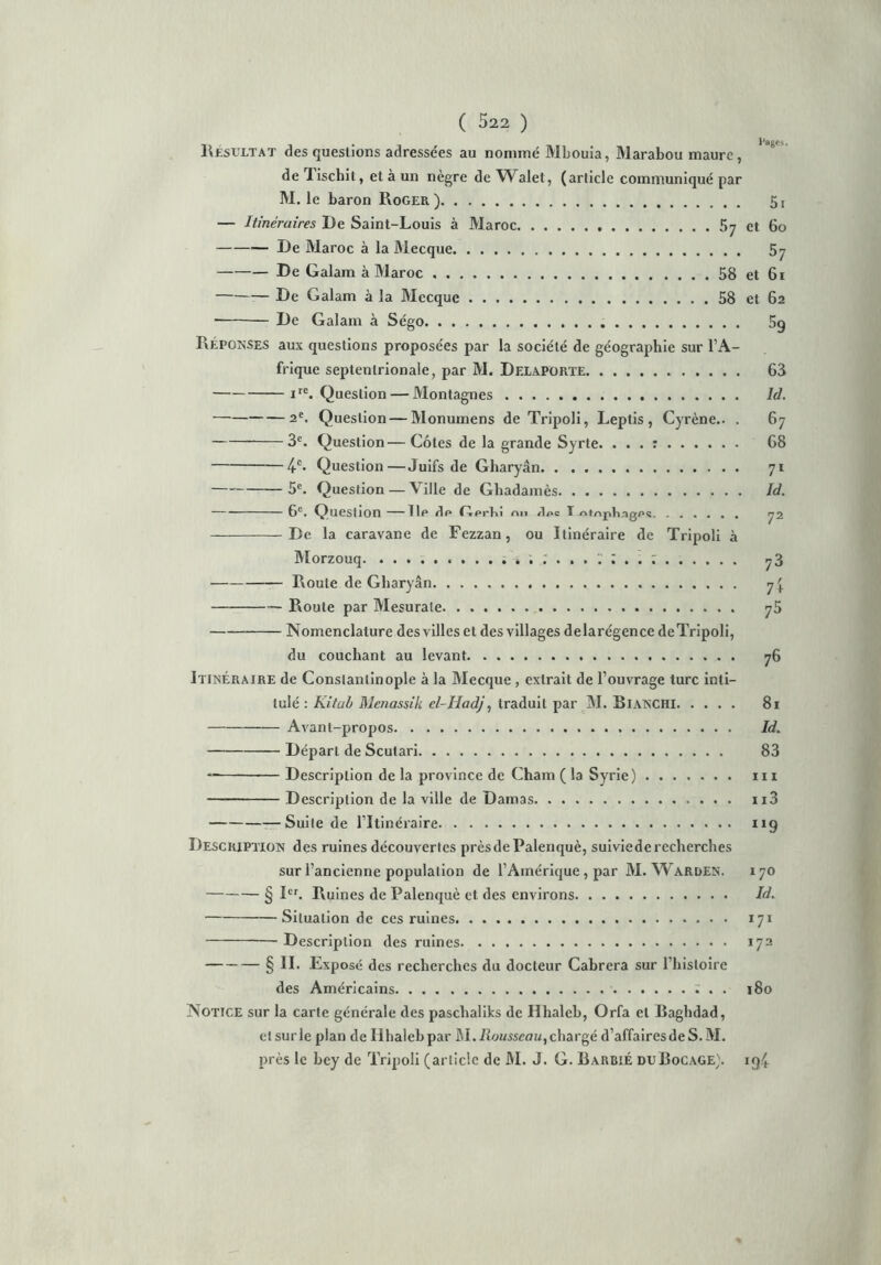 Résultat des questions adressées au nommé Mbouia, Marabou maure, de Jischit, et à un nègre de Walet, (article communiqué par M. le baron Roger) 5j — Itinéraires De Saint-Louis à Maroc 57 et 60 De Maroc à la Mecque 57 De Galam à Maroc 58 et 61 :— De Galam à la Mecque 58 et 62 ■ De Galam à Se'go 5g RÉPONSES aux questions proposées par la société de géographie sur l’A- frique septentrionale, par M. Delaporte 63 irc. Question — Montagnes Ici. 2e. Question — Monumens de Tripoli, Leptis , Cyrène.. . 67 3e. Question—Côtes de la grande Syrte. ... : 68 4e. Question—Juifs de Gharyân 71 5e. Question — Ville de Ghadamès Id. — 6e. Question lie de 6prLi nu dnc T ntnpliage« 72 De la caravane de Fezzan, ou Itinéraire de Tripoli à Morzouq. .......... 1 . 73 Roule de Gbaryân 7^ Route par Mesurate 76 Nomenclature des villes et des villages delarégence deTripoli, du couchant au levant 76 Itinéraire de Constantinople à la Mecque, extrait de l’ouvrage turc inti- tulé : Kituh Menassik el-IIadj, traduit par M. BlANCHI 81 Avant-propos Id. Départ de Scutari 83 Description de la province de Cham (la Syrie) ni Description de la ville de Damas ii3 Suite de l’Itinéraire 119 Description des ruines découvertes prèsdePalenquè, suiviederecherches sur l’ancienne population de l’Amérique , par M. Warden. 170 § Ier. Ruines de Palenquè et des environs Id. Situation de ces ruines 171 Description des ruines 172 § II. Exposé des recherches du docteur Cabrera sur l’hisloire des Américains 180 Notice sur la carte générale des paschaliks de Hhaleb, Orfa et Bagbdad, et sur le plan de Ilbaleb par M. Rousseau, chargé d’affaires de S. M. près le bey de Tripoli (article de M. J. G. Barbie duBocage). iq4