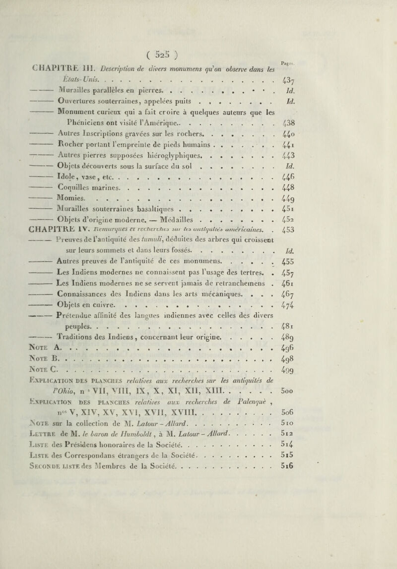 Pages, CHAPITRE 111. Description de divers monitmens quon observe dans les Etats-Unis 437 Murailles parallèles en pierres ld. Ouvertures souterraines, appelées puits Id. Monument curieux qui a fait croire à quelques auteurs que les Phéniciens ont visité l’Amérique 438 Autres Inscriptions gravées sur les rochers 44° Rocher portant l’empreinte de pieds humains ....... 441 Autres pierres supposées hiéroglyphiques 443 Objets découverts sous la surface du sol Id. Idole, vase, etc 44^ Coquilles marines 448 Momies 449 Murailles souterraines basaltiques 45i Objets d’origine moderne. — Médailles 452 CHAPITRE IV. Remarques ev rechercha nia les antiquités américaines. . 453 Preuves de l’antiquité des tumuli, déduites des arbres qui croissent sur leurs sommets et dans leurs fossés Id. Autres preuves de l’antiquité de ces monumens 455 Les Indiens modernes ne connaissent pas l’usage des tertres. . /fiq Les Indiens modernes ne se servent jamais de retranchemens . 4§i Connaissances des Indiens dans les arts mécaniques. . . . 467 Objets en cuivre 474 Prétendue affinité des langues indiennes avec celles des divers peuples 48i Traditions des Indiens, concernant leur origine 489 Note A 4g6 Note B 498 Note C 499 Explication des planches relatives aux recherches sur les antiquités de l’Ohio, n * VII, VIII, IX, X, XI, XII, XIII 5oo Explication DES planches relatives aux recherches de Palenquè , nos V, XIV, XV, XVI, XVII, XVIII 5o6 N OTE sur la collection de M. Latour - Allard 510 Lettre de M. le baron de Humboldt , à M. Latour - Allard 5i2 Liste des Présidens honoraires de la Société 5i4 Liste des Correspondans étrangers de la Société 5i5 Seconde liste des Membres de la Société 5i6