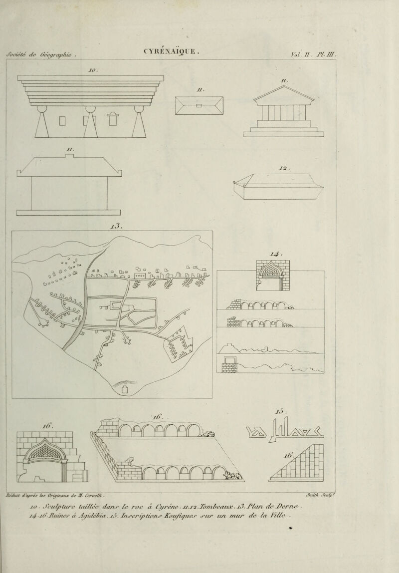 Société de (iéoçrap/ue ■ (YlUilXAKHK . Vol. n. Pl.Jff. j.o. Sculpture taillée dasur le roc à C'i/rène. u.j'2.To/nleaux. i3. Plan de Der/ie . /4 lO'Rid/ier à A</idélia. it>. Inrcriptio/nr Kou/îauer o'ur un mur de la Ville ■