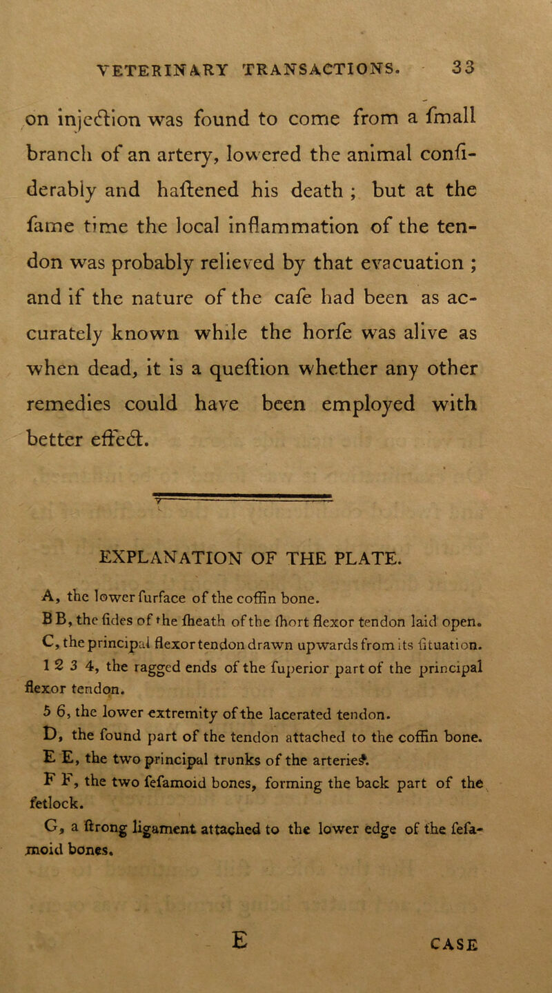 on injection was found to come from a fmall branch of an artery, lowered the animal confi- derabiy and haflened his death ; but at the fame time the local inflammation of the ten- don was probably relieved by that evacuation ; and if the nature of the cafe had been as ac- curately known while the horfe was alive as when dead, it is a queftion whether any other remedies could have been employed with better effed. explanation of the plate. A, the lower furface of the coffin bone. B B, the tides of the {heath of the (hort flexor tendon laid open. C, the principal flexor tendon drawn upwards from its fltuation. 1 2 3 4, the ragged ends of the fuperior part of the principal flexor tendon. 5 6, the lower extremity of the lacerated tendon. D, the found part of the tendon attached to the coffin bone. E E, the two principal trunks of the arterie#. F P, the two fefamoid bones, forming the back part of the fetlock. G, a ftrong ligament attached to the lower edge of the fefa- moid bones. E